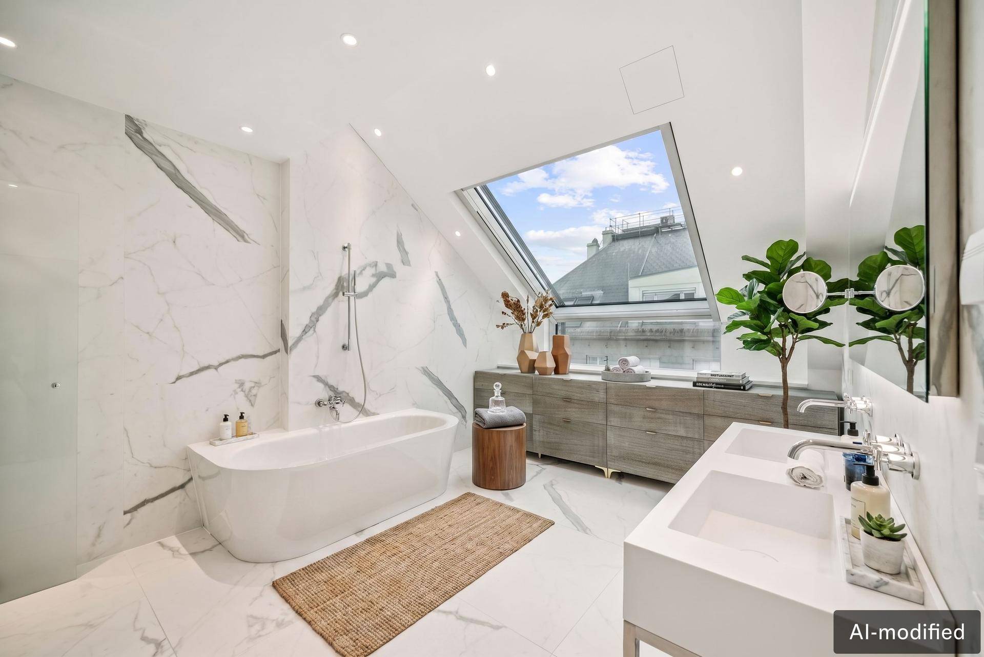 Luxuriöses Badezimmer mit freistehender Badewanne, Marmorwänden und Dachfenster.