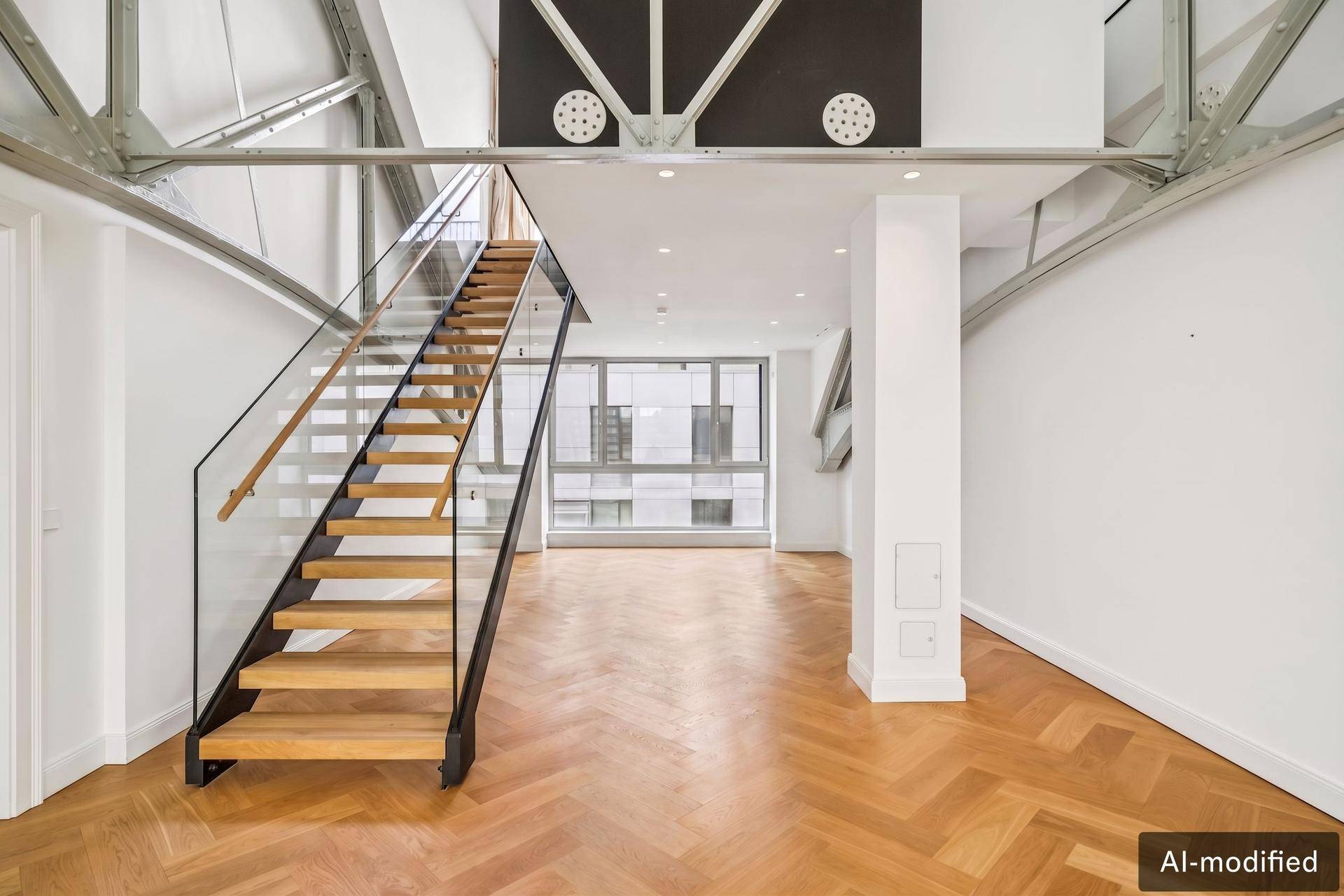 Offener Bereich mit moderner Holztreppe, Glasgeländer und großen Fenstern.
