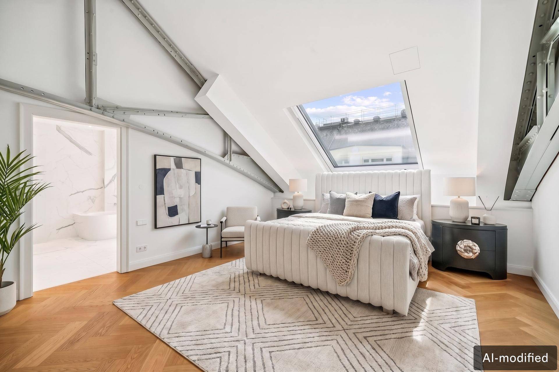 Helles Schlafzimmer mit Doppelbett, Holzboden und Dachfenster mit Blick.