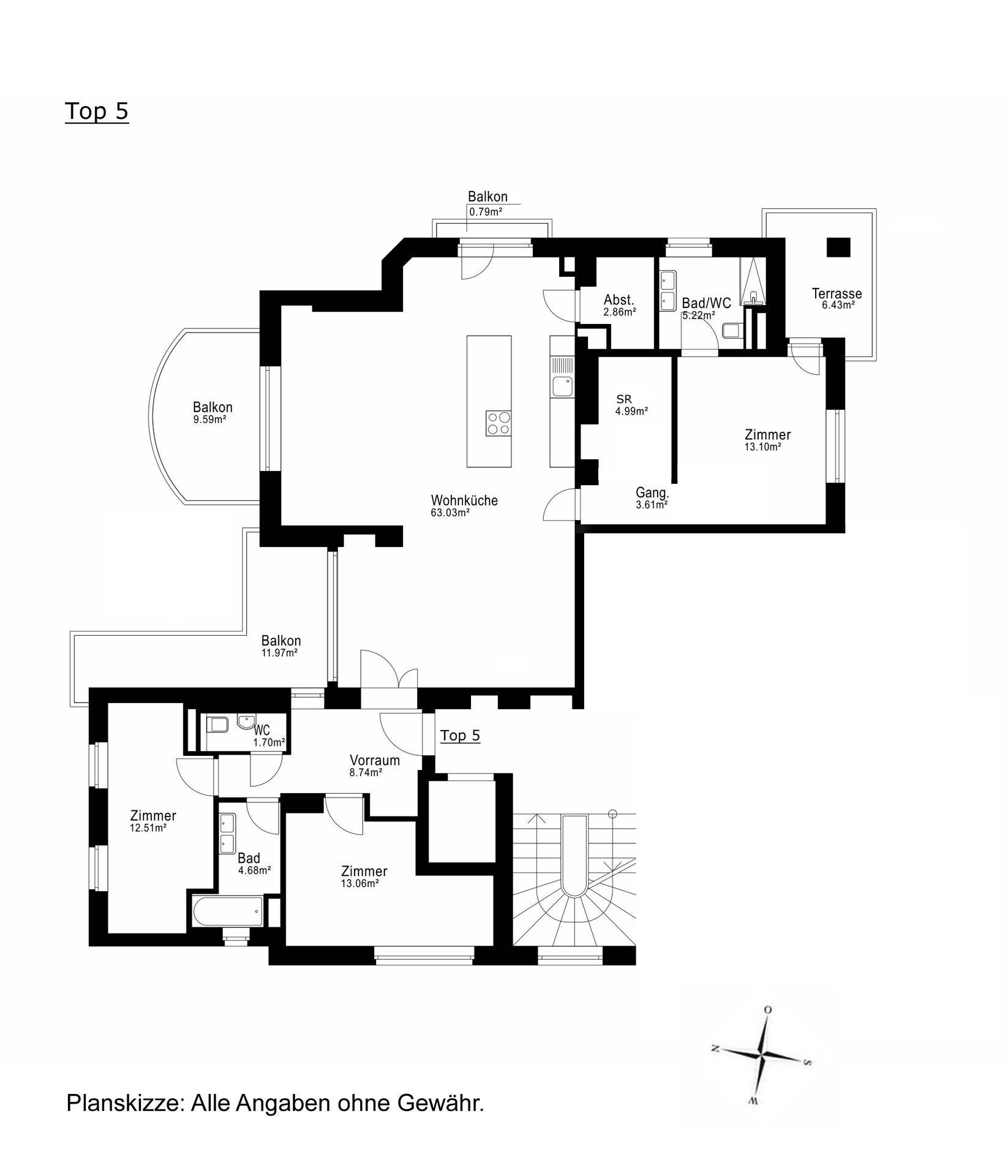 Grundriss der Etagenwohnung Top 5 mit Wohnküche, mehreren Zimmern und Balkonen.
