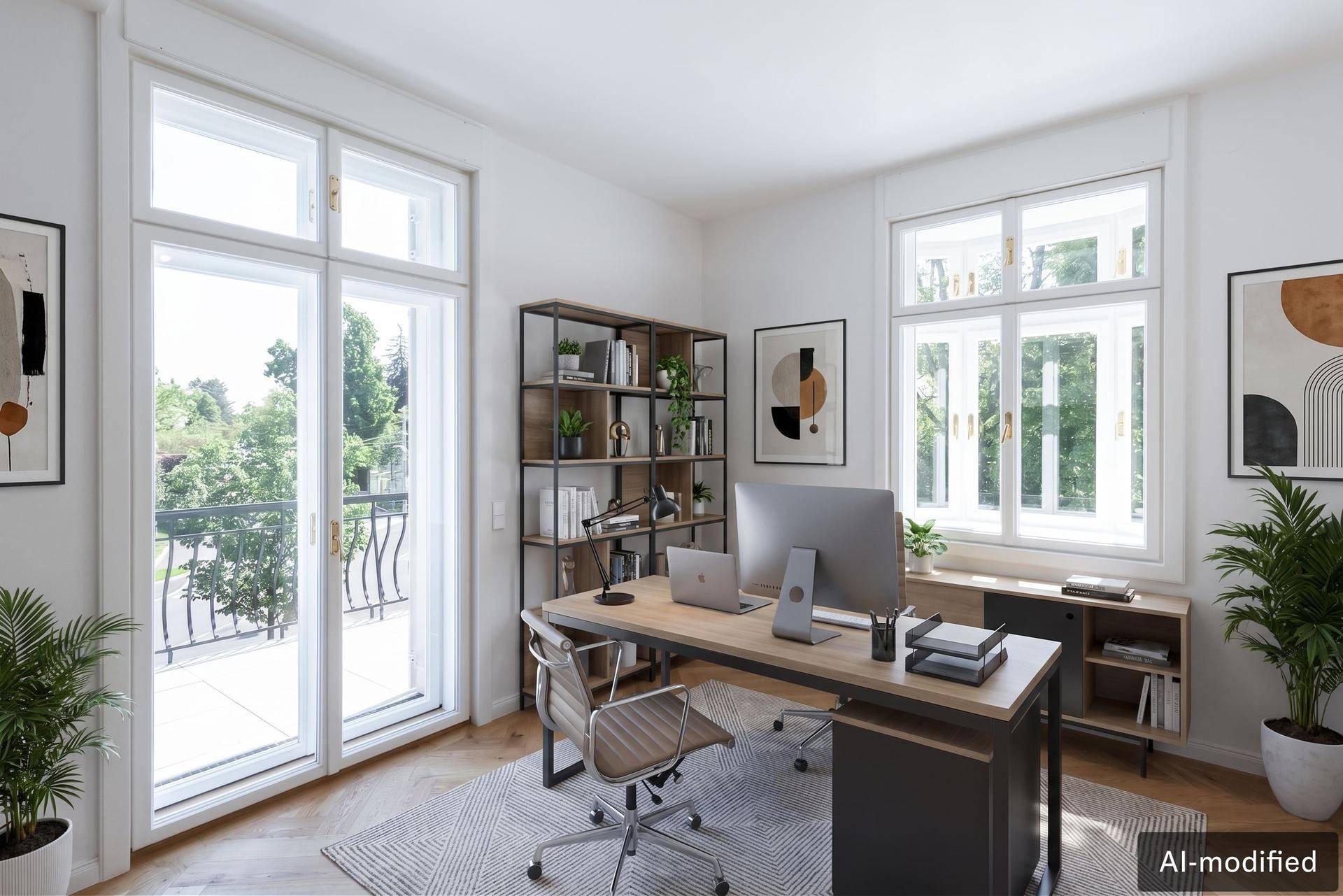 Helles Arbeitszimmer mit Balkonzugang, Holzboden und Blick ins Grüne für produktives Arbeiten.