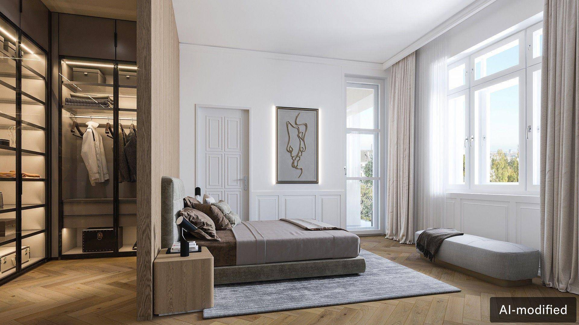 Modernes Schlafzimmer mit großem Bett, Holzboden und integriertem Kleiderschrank mit Glasfront.