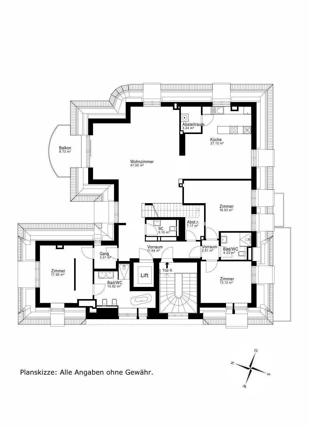 Grundriss einer Wohnung mit Wohnzimmer, Küche, drei Zimmern, zwei Bädern und Balkon.