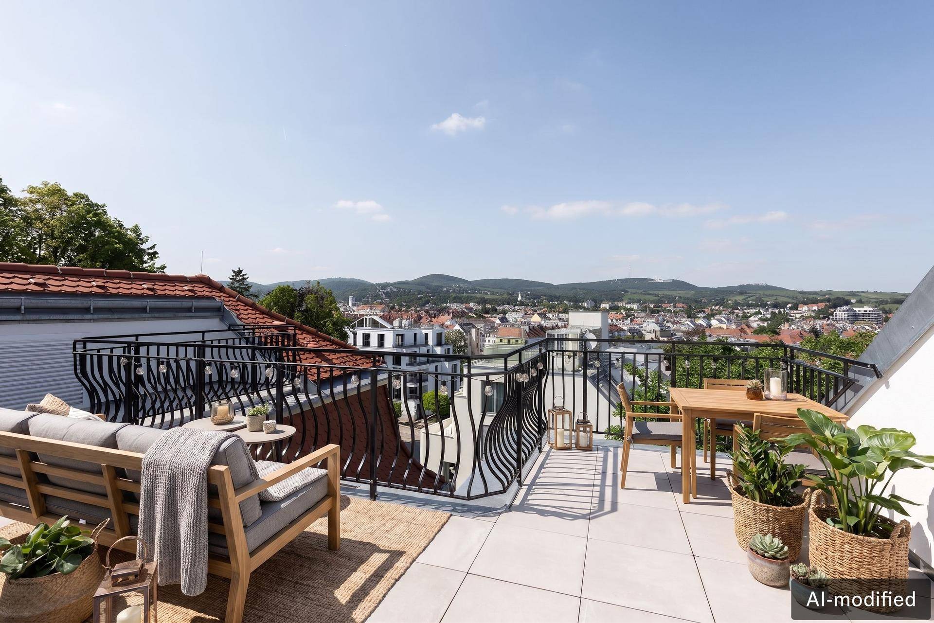 Geräumige Dachterrasse mit Sitzgelegenheiten, Pflanzen und weitem Blick über die Stadt und Hügel.