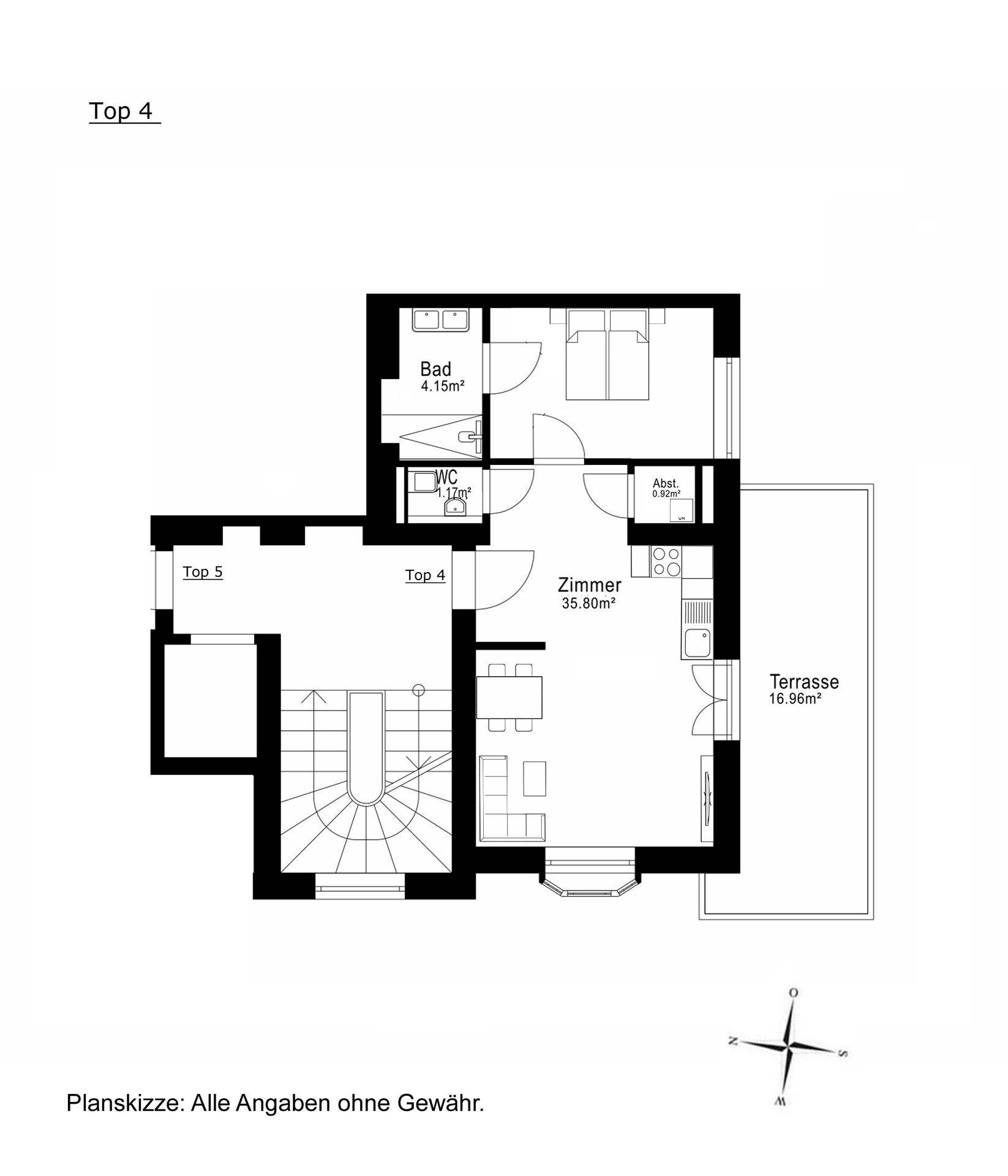 Grundriss einer Wohnung mit Zimmer, Bad, WC und großer Terrasse.