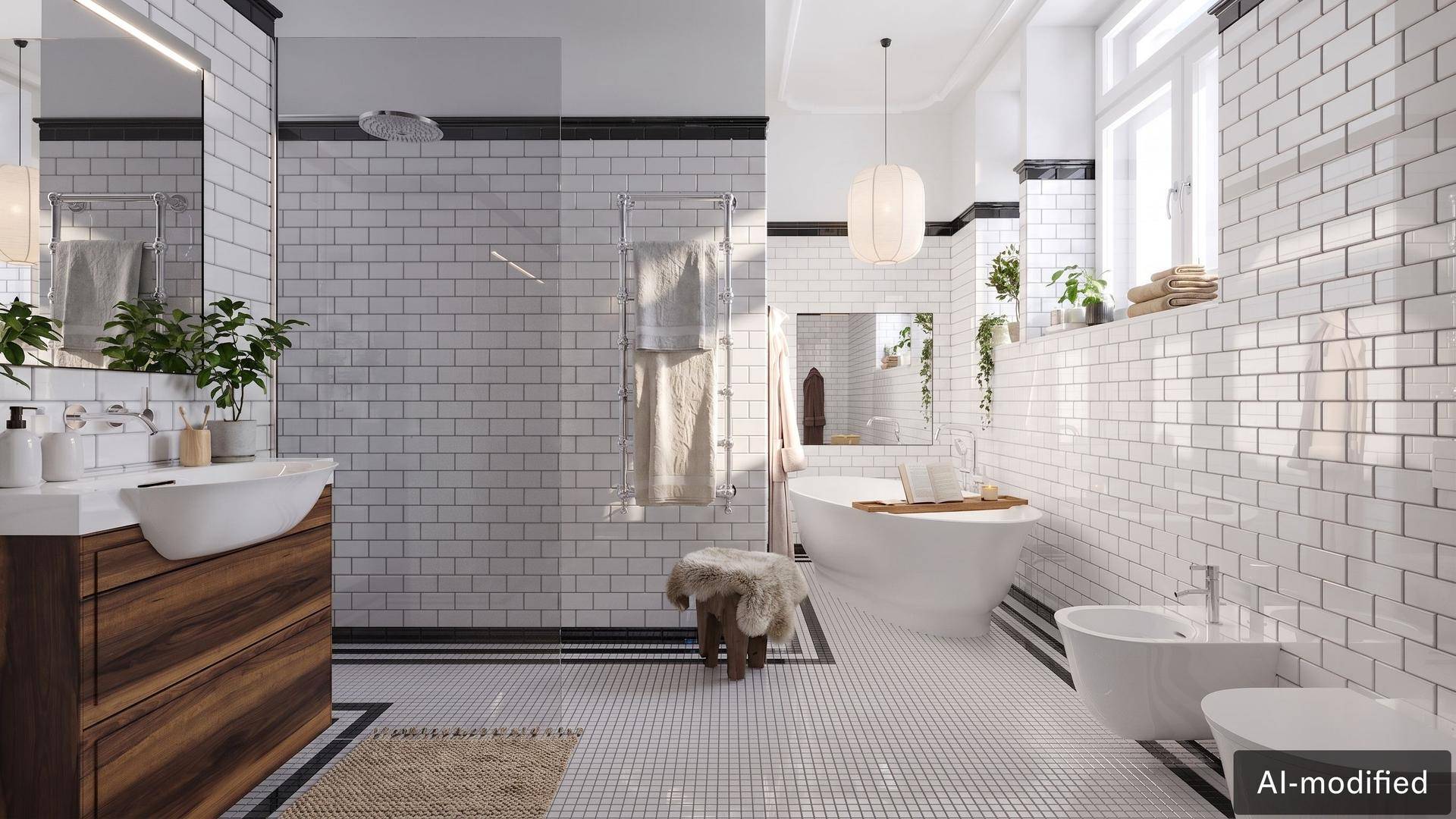 Modernes Badezimmer mit weißen U-Bahn-Fliesen, freistehender Badewanne und separater Dusche.