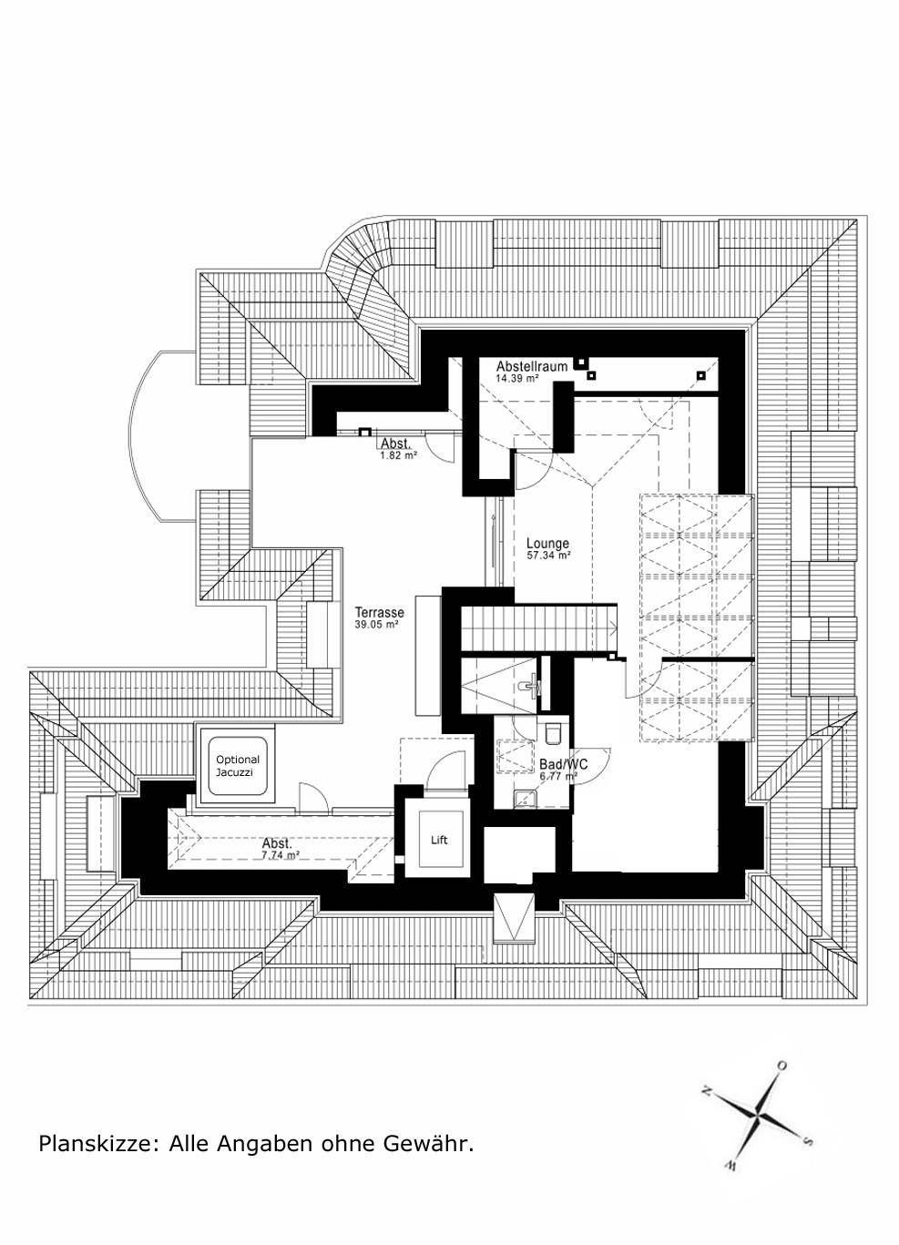 Grundriss des Dachgeschosses mit Lounge, Terrasse, Abstellräumen und optionaler Sauna.
