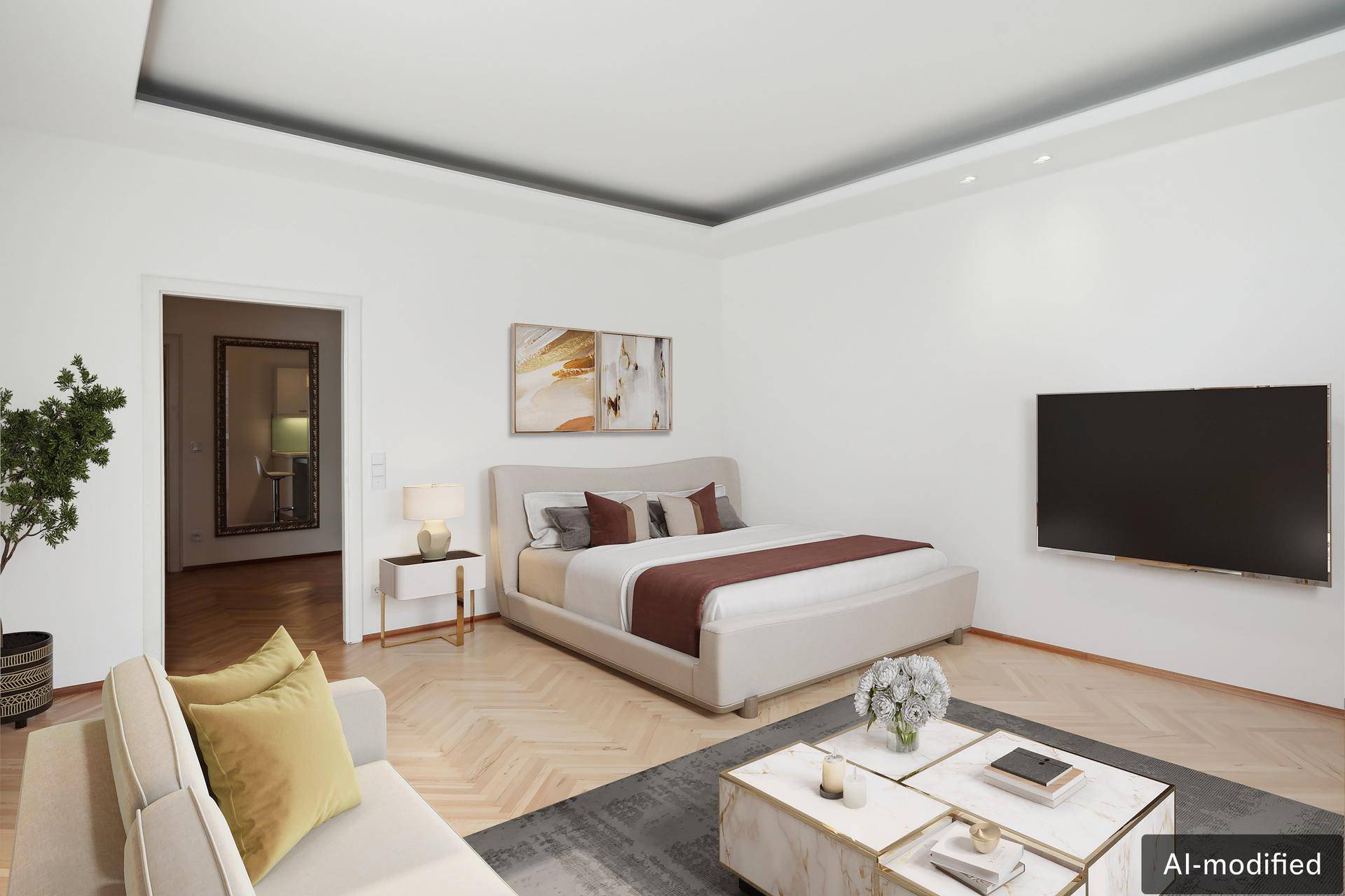 Virtuell eingerichtetes Schlafzimmer mit Doppelbett, Sofa und Fernseher.