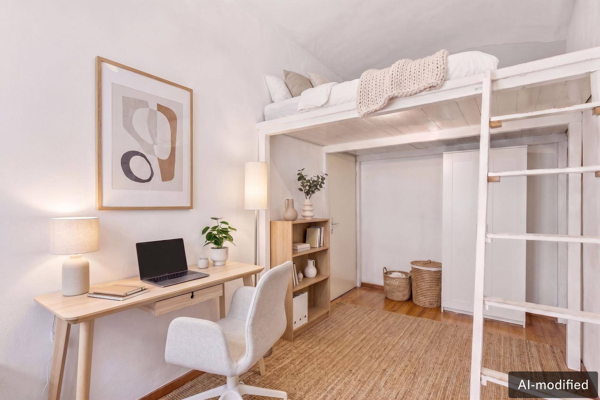 Modernes Schlafzimmer mit Hochbett, Schreibtisch und Arbeitsbereich, hell und funktional gestaltet.