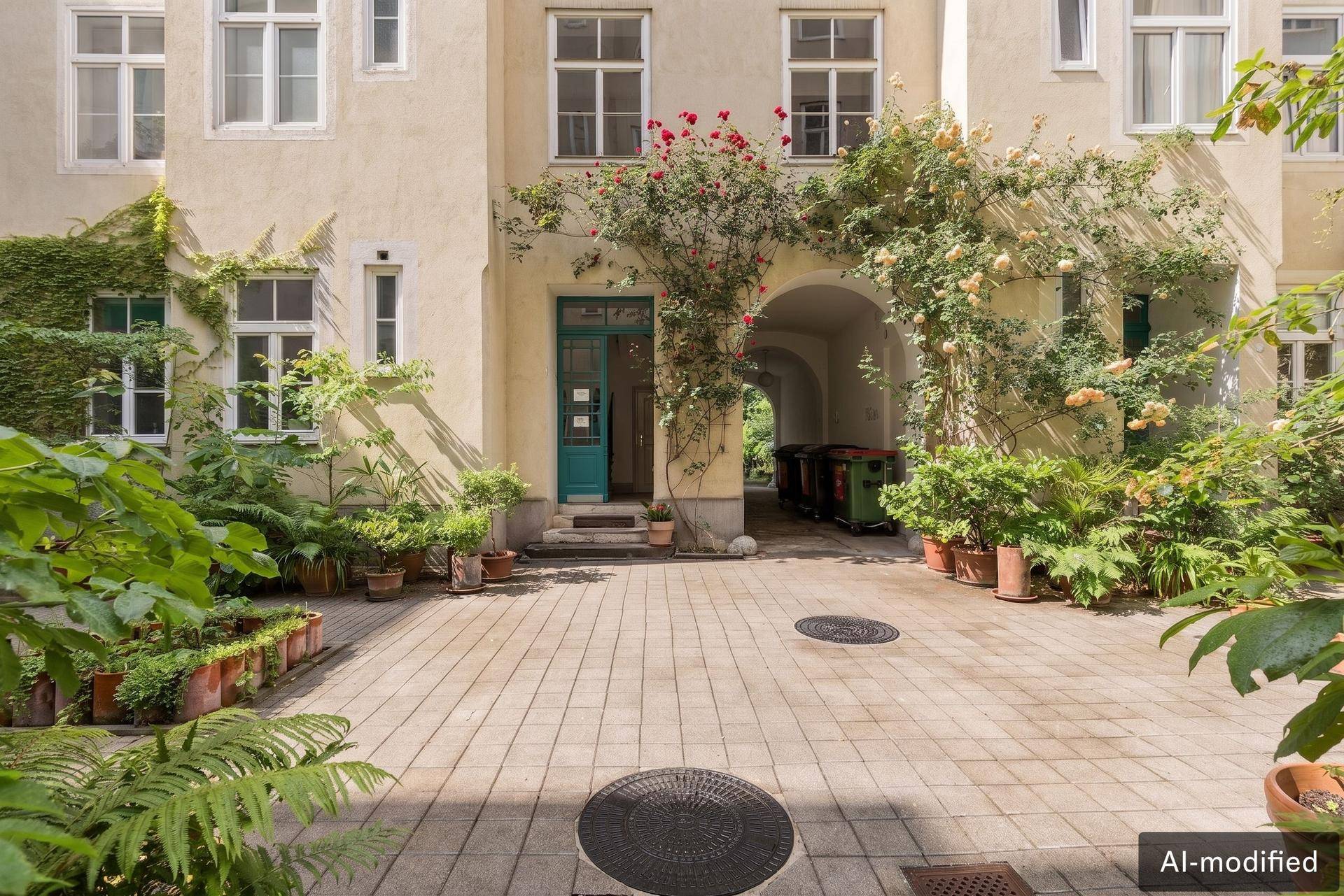 Grüner Innenhof mit Kletterpflanzen, gepflastertem Boden und Zugang zum Gebäude.