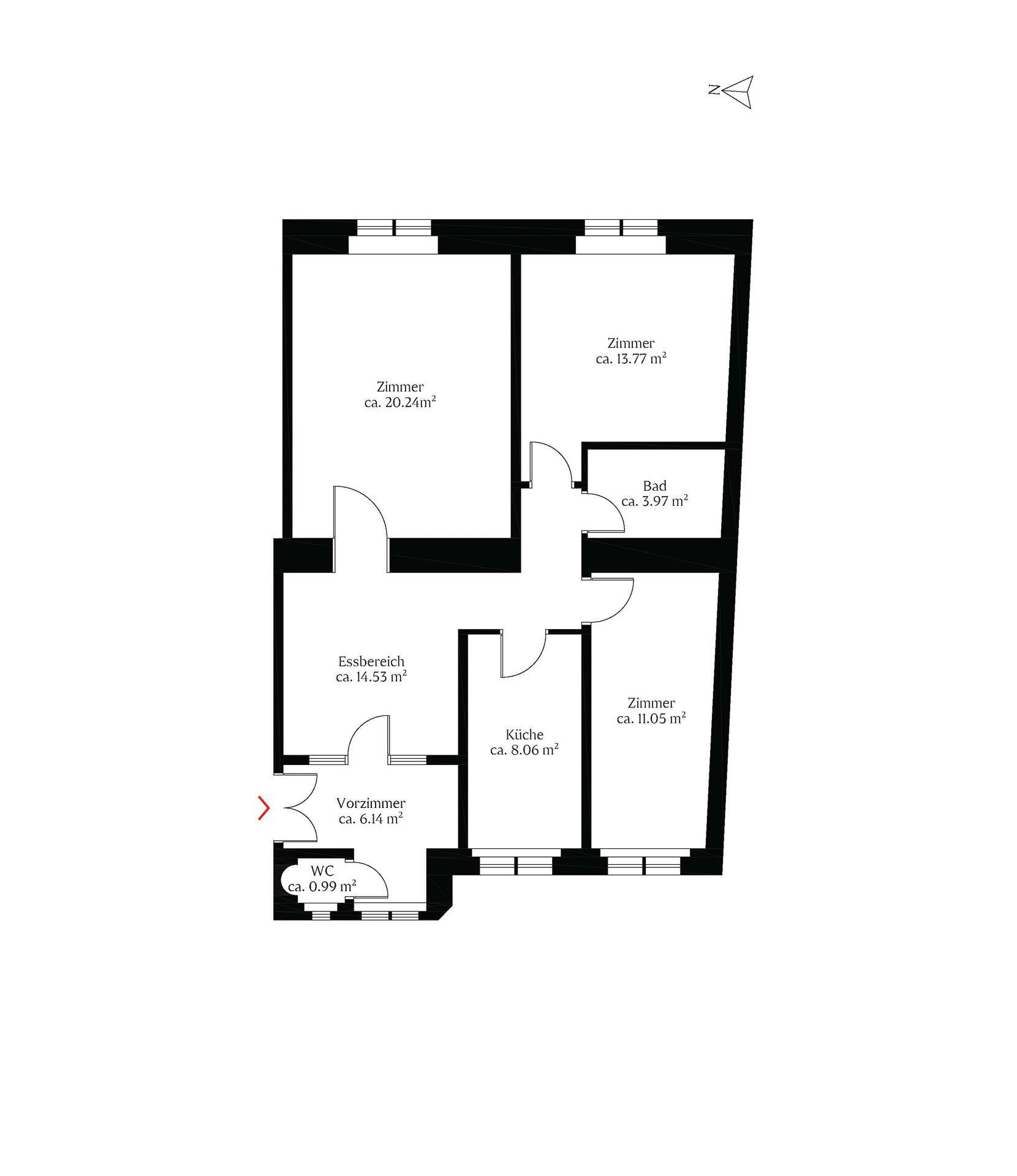 Grundriss der Wohnung mit Zimmern, Bad, WC und Essbereich, inklusive Flächenangaben.