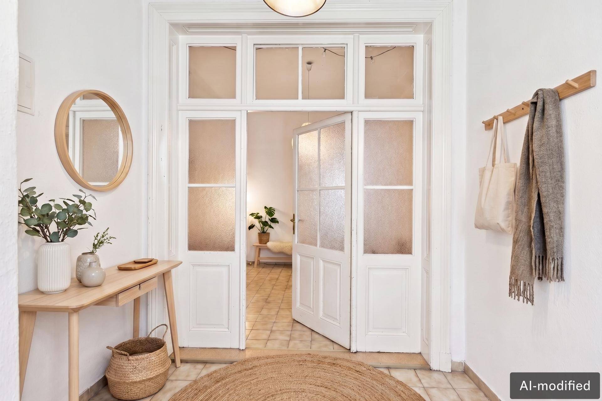 Heller Flur mit Holztisch, Spiegel und Garderobe, der zu weiteren Räumen führt.