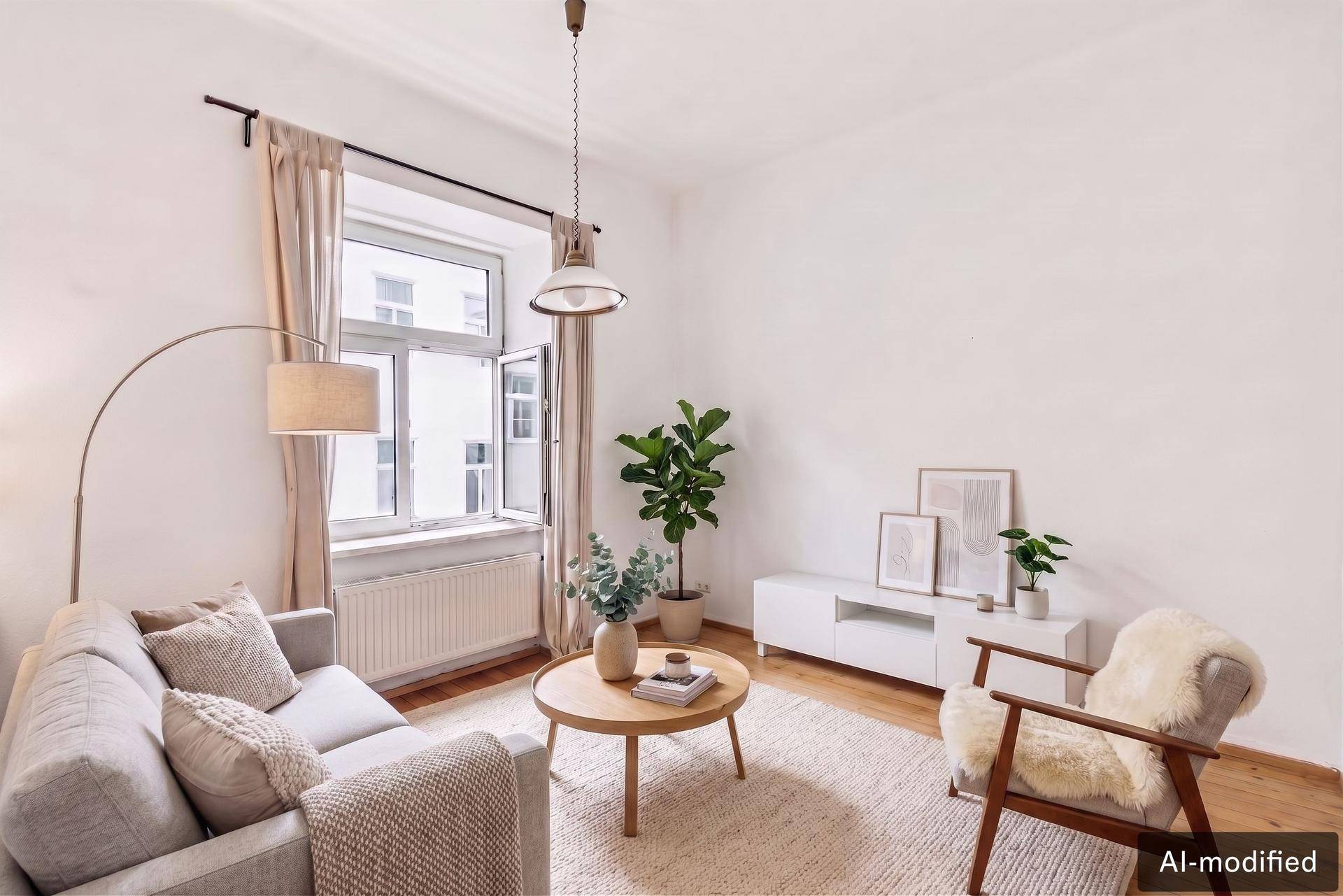 Gemütliches Wohnzimmer mit Sofa, Sessel und Holzboden, hell durch großes Fenster.