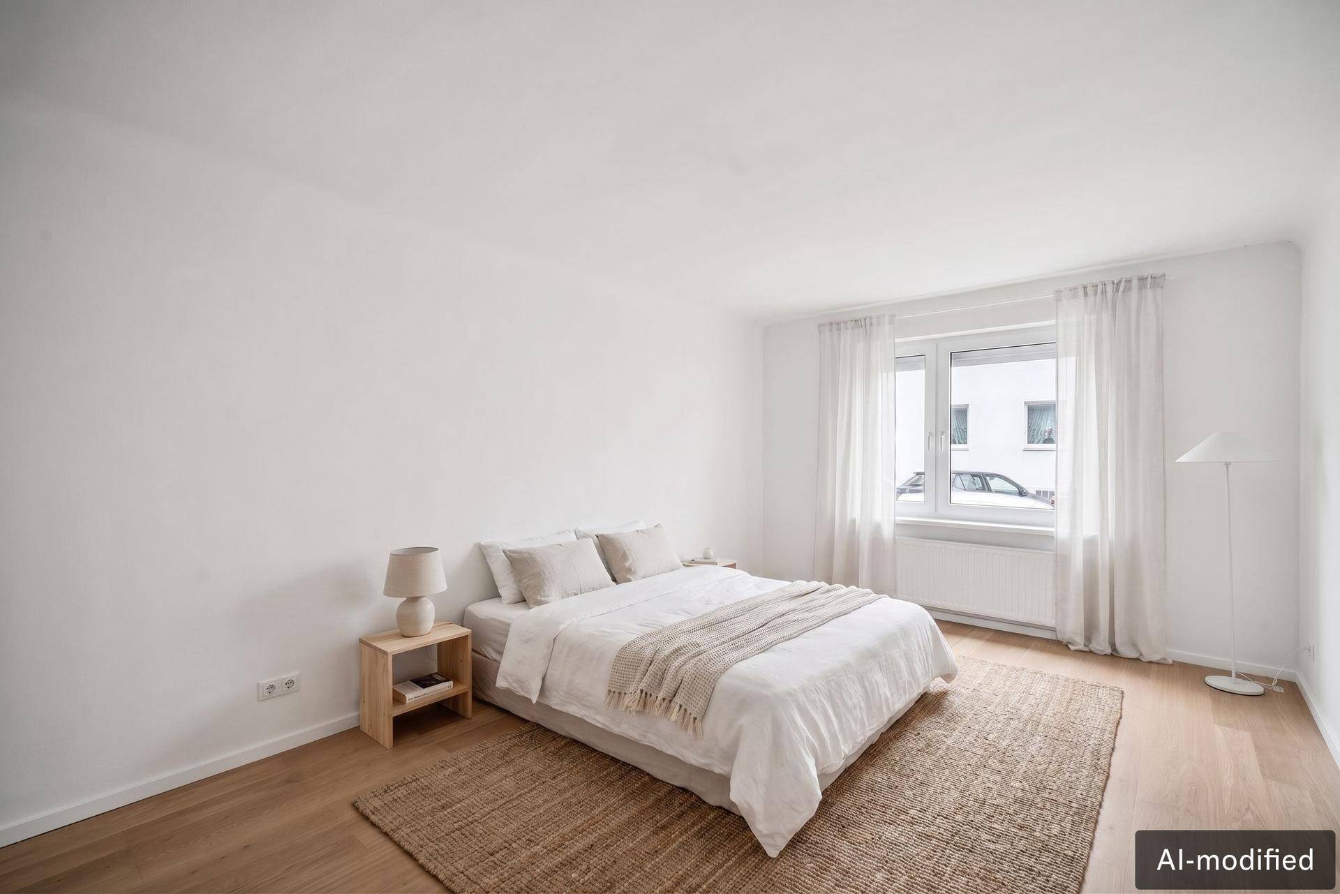 Gemütliches Schlafzimmer mit Doppelbett, Nachttisch und Fenster, das viel Tageslicht hereinlässt.