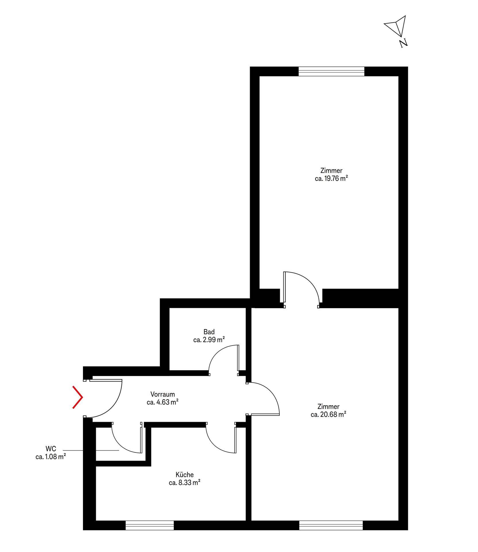 Detaillierter Grundriss der Wohnung mit Aufteilung in Zimmer, Bad, WC, Küche und Vorraum.