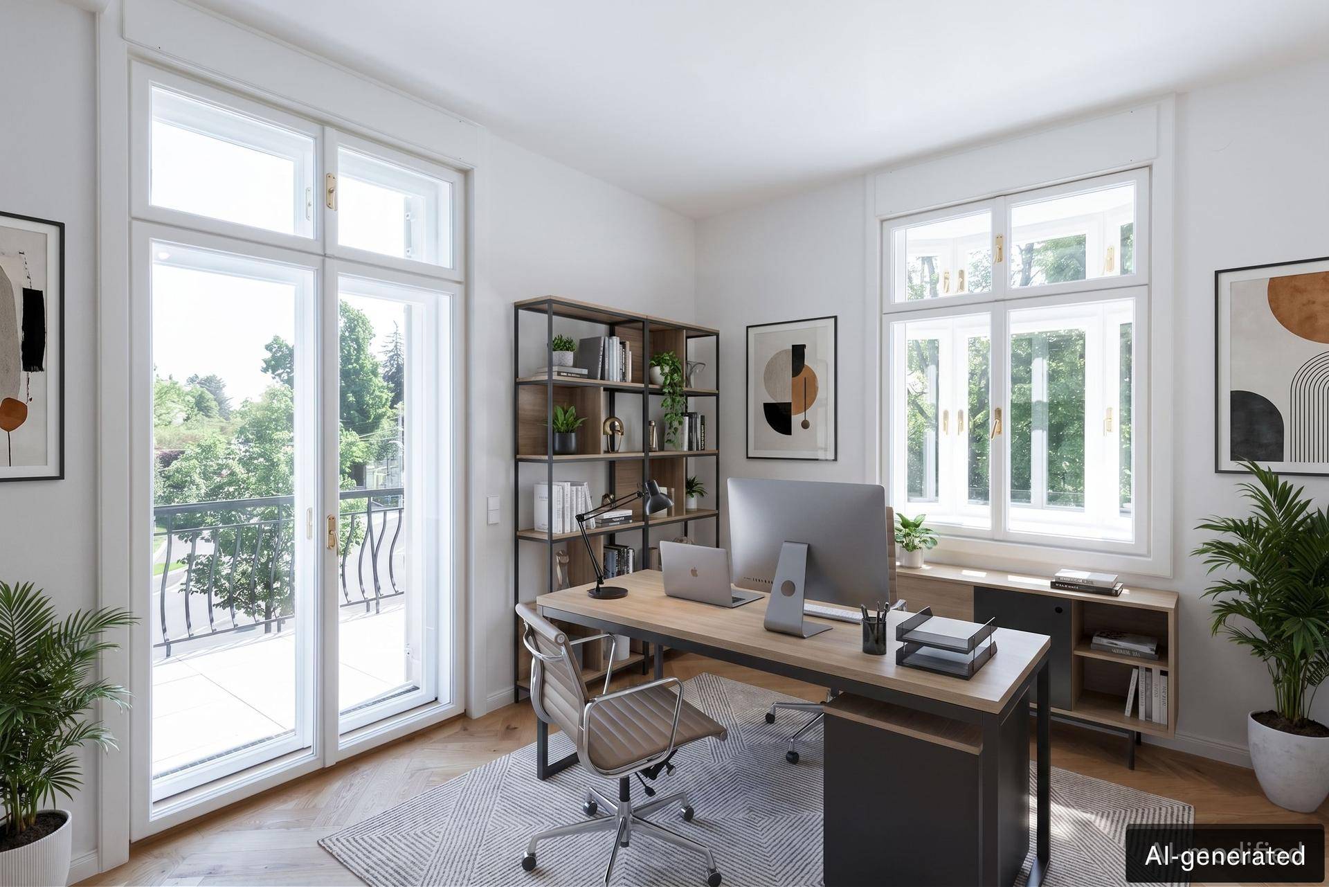 Helles Arbeitszimmer mit großem Schreibtisch, Bücherregal und direktem Balkonzugang.