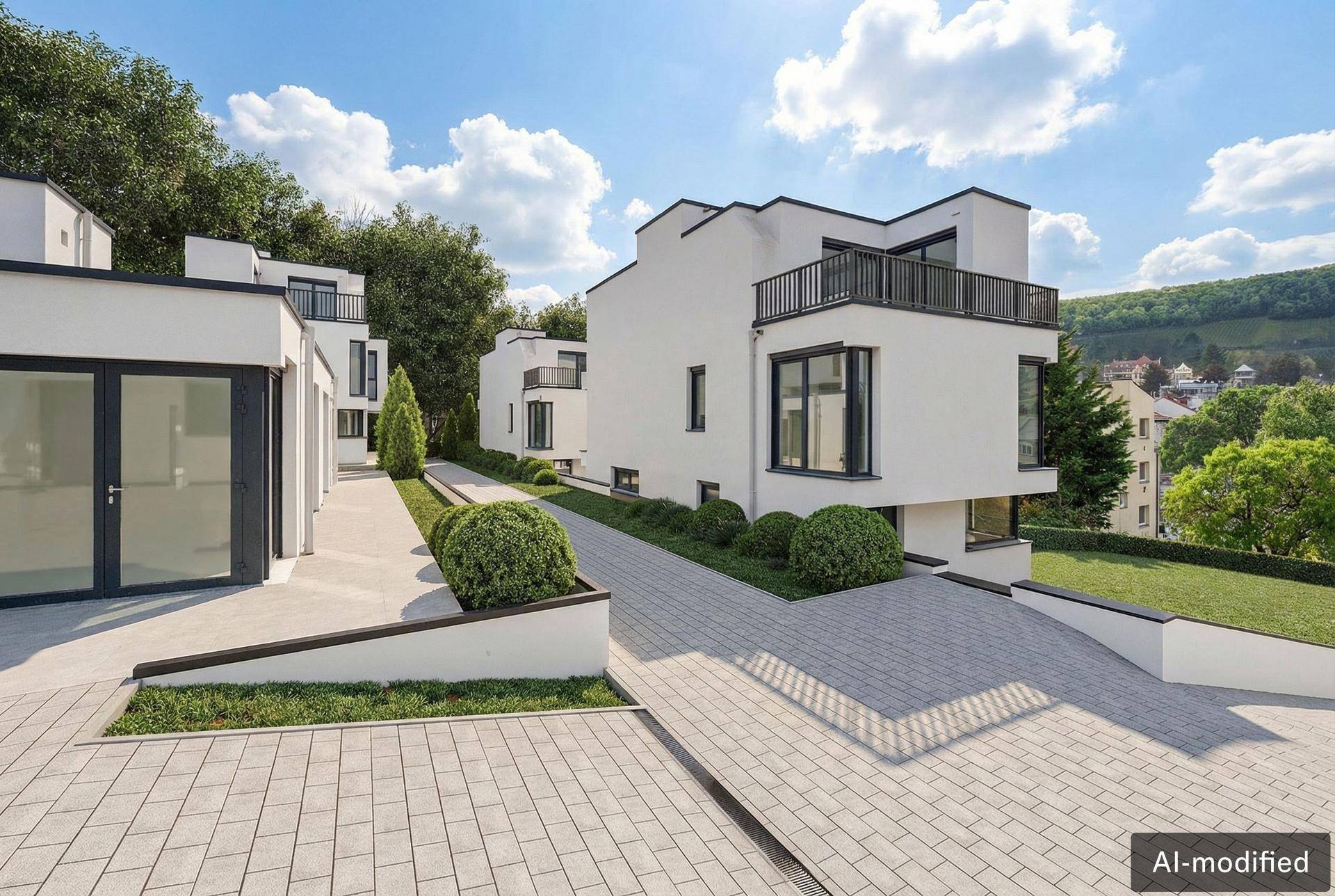 Moderne weiße Villen mit Flachdächern und Balkonen in einer grünen Umgebung.