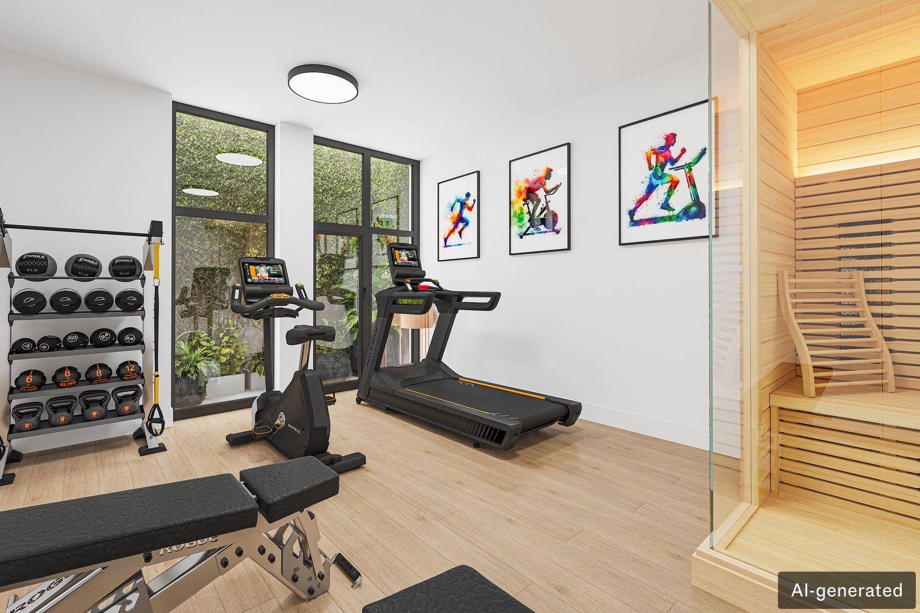 Privater Fitnessraum mit modernen Geräten und integrierter Sauna für Wellness.