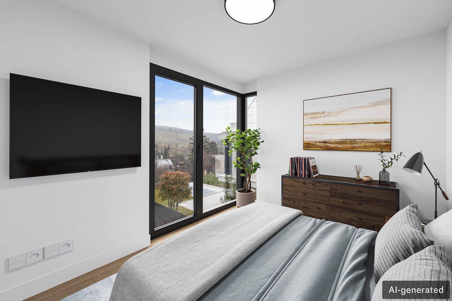 Helles Schlafzimmer mit großen Fenstern, Holzboden und Blick auf die grüne Umgebung.