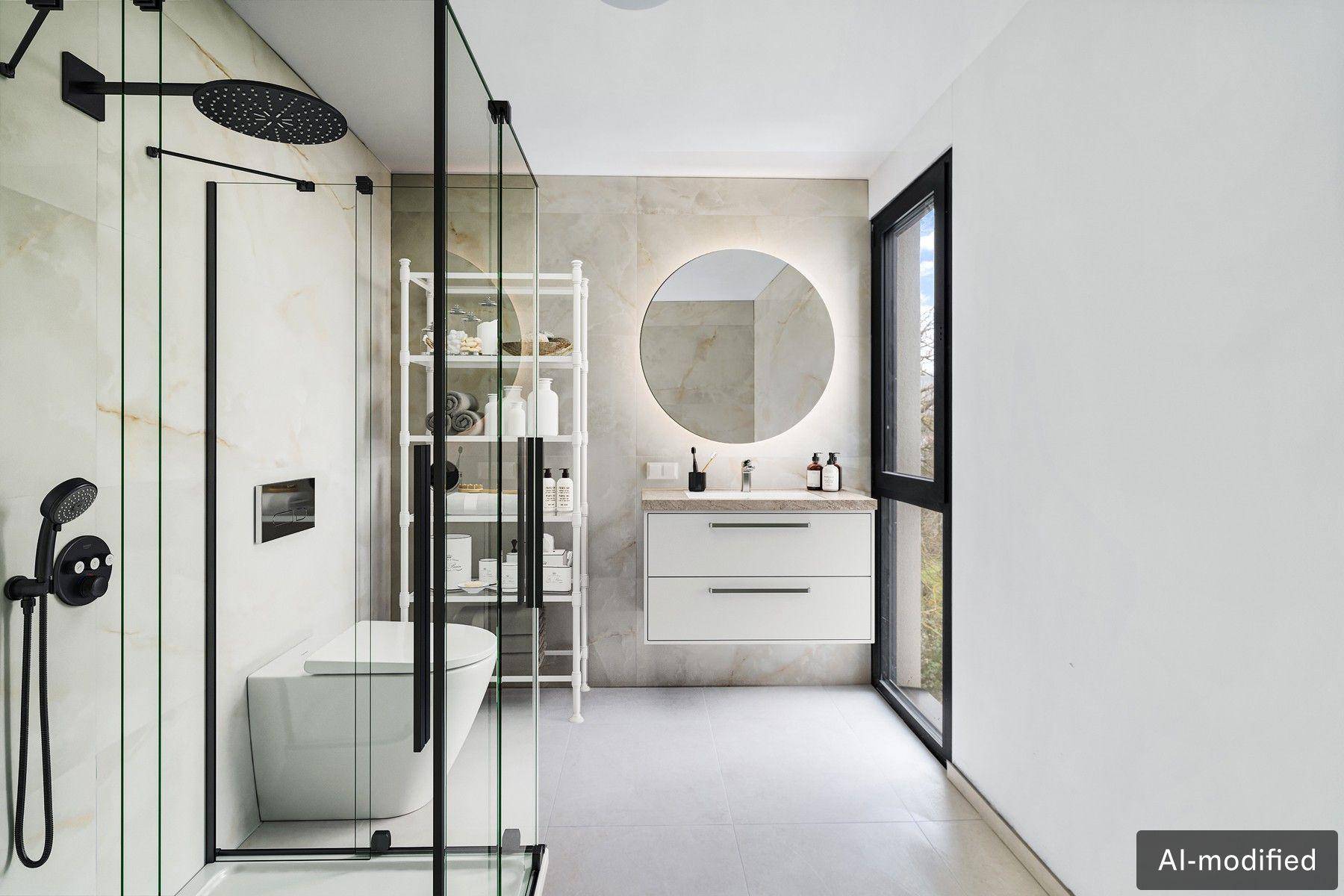 Modernes Badezimmer mit begehbarer Dusche, runden Spiegel und eleganten Fliesen.