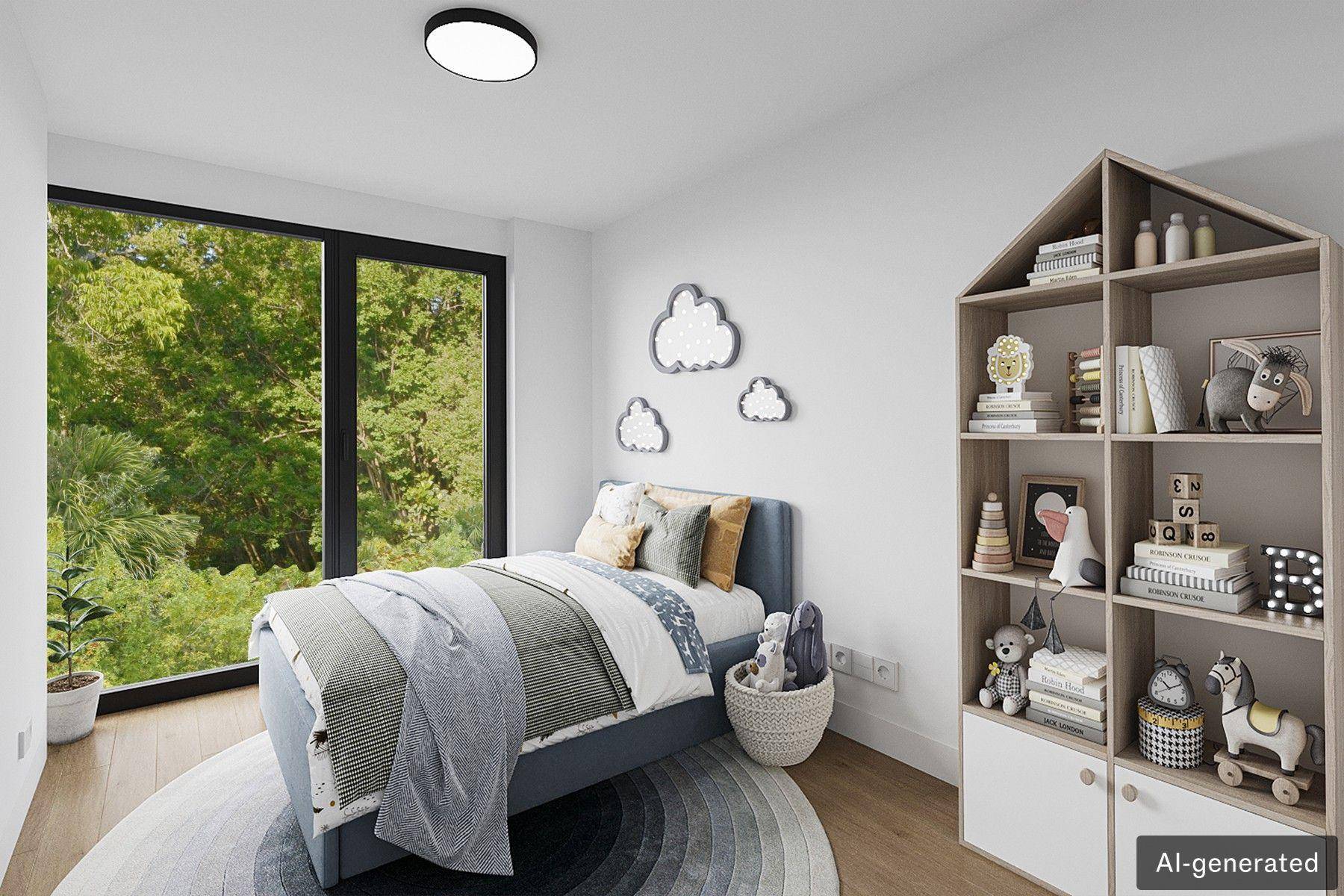 Freundliches Kinderzimmer mit Bett, Bücherregal und großem Fenster mit Blick ins Grüne.