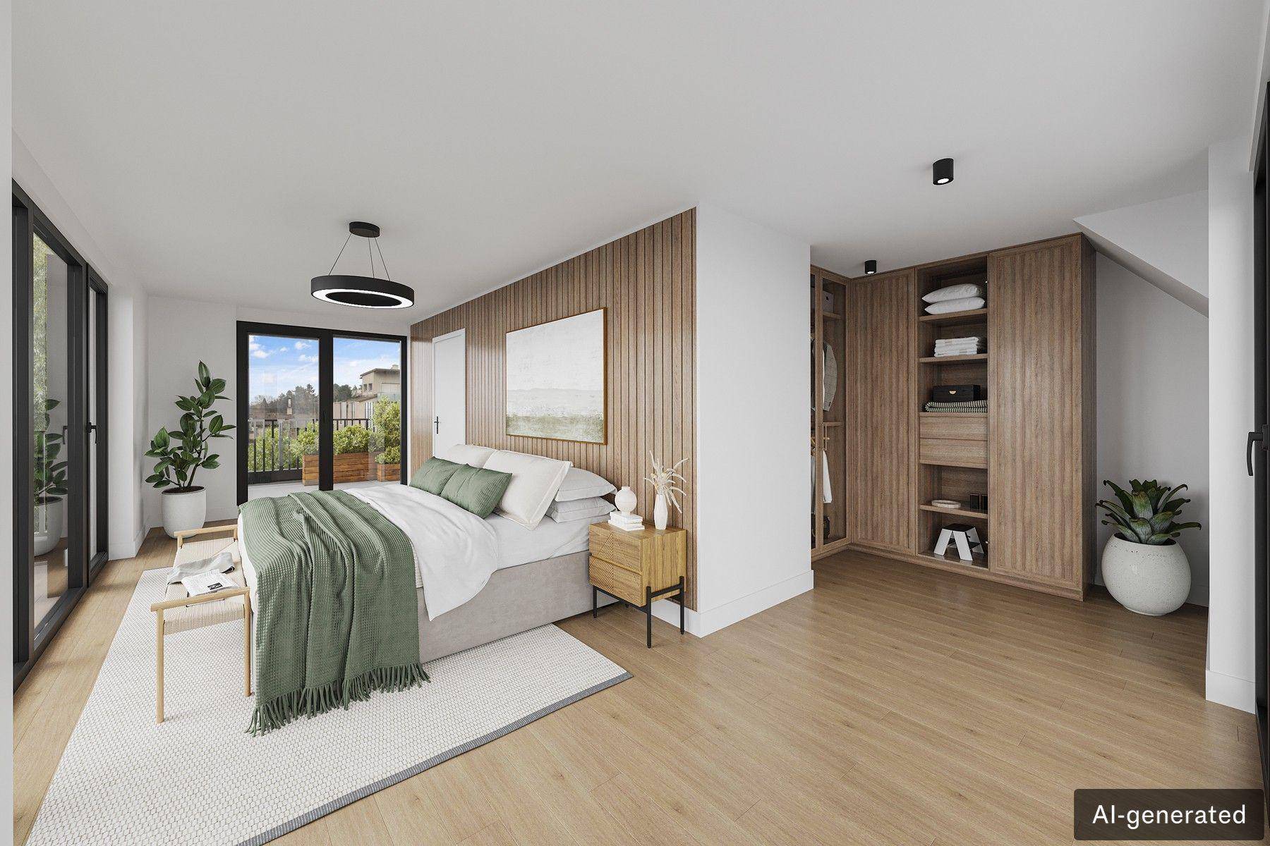 Modernes Schlafzimmer mit Holzakzenten, Einbauschränken und direktem Zugang zu einem Balkon.