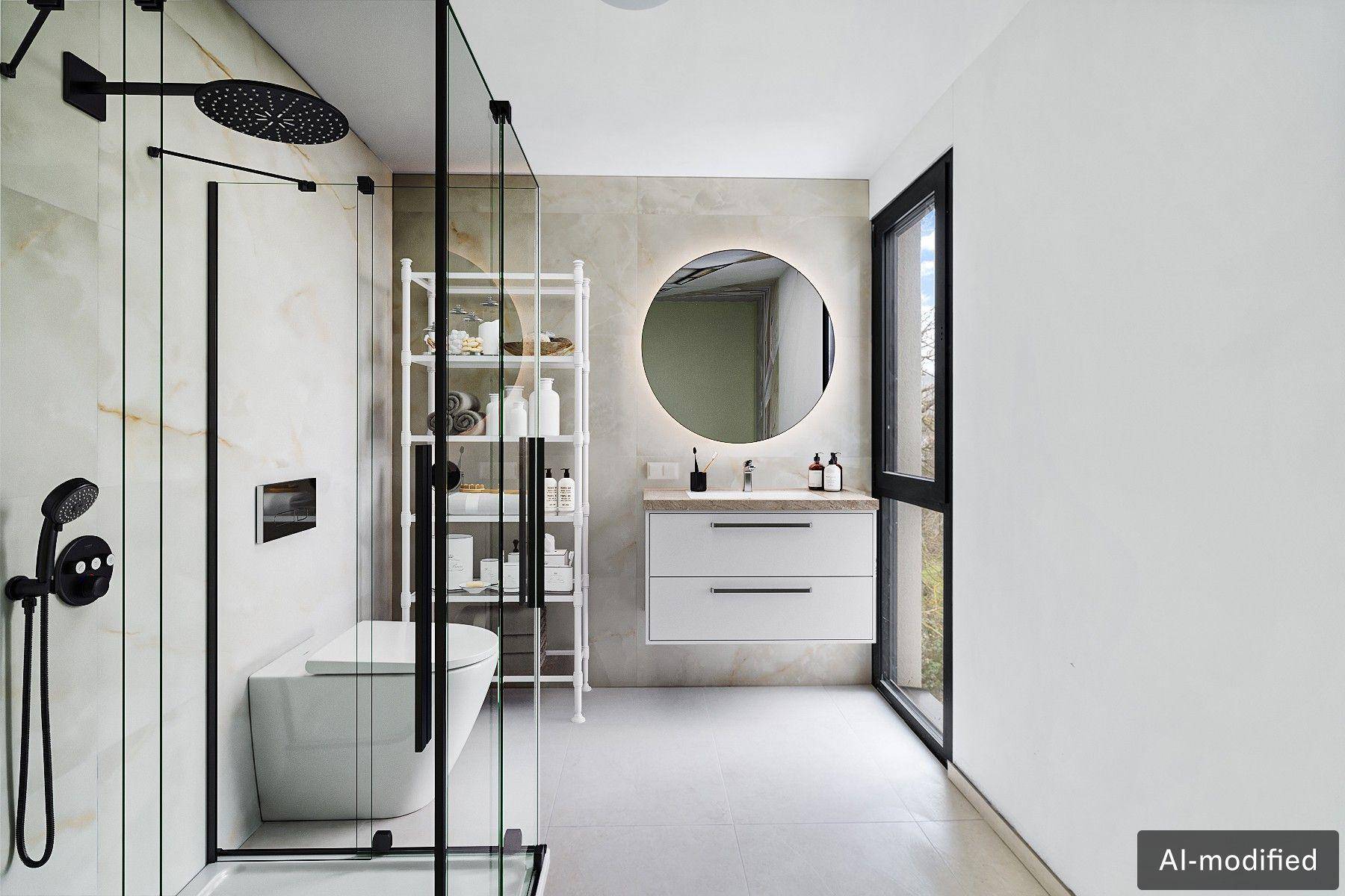 Modernes Badezimmer mit begehbarer Dusche, schwebendem Waschtisch und beleuchtetem Spiegel.