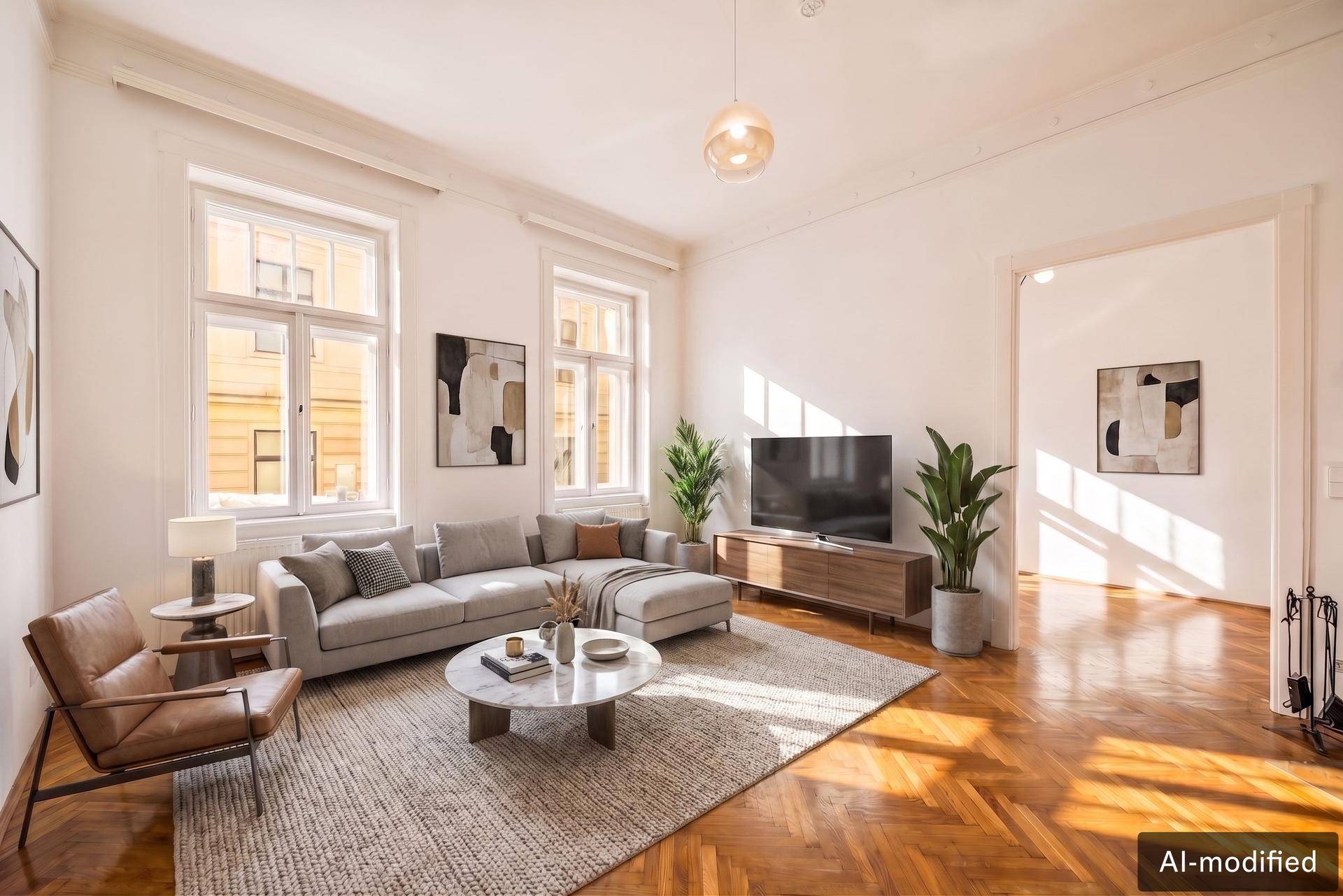 Geräumiges Wohnzimmer mit Fischgrätparkett, großen Fenstern und viel Tageslicht.