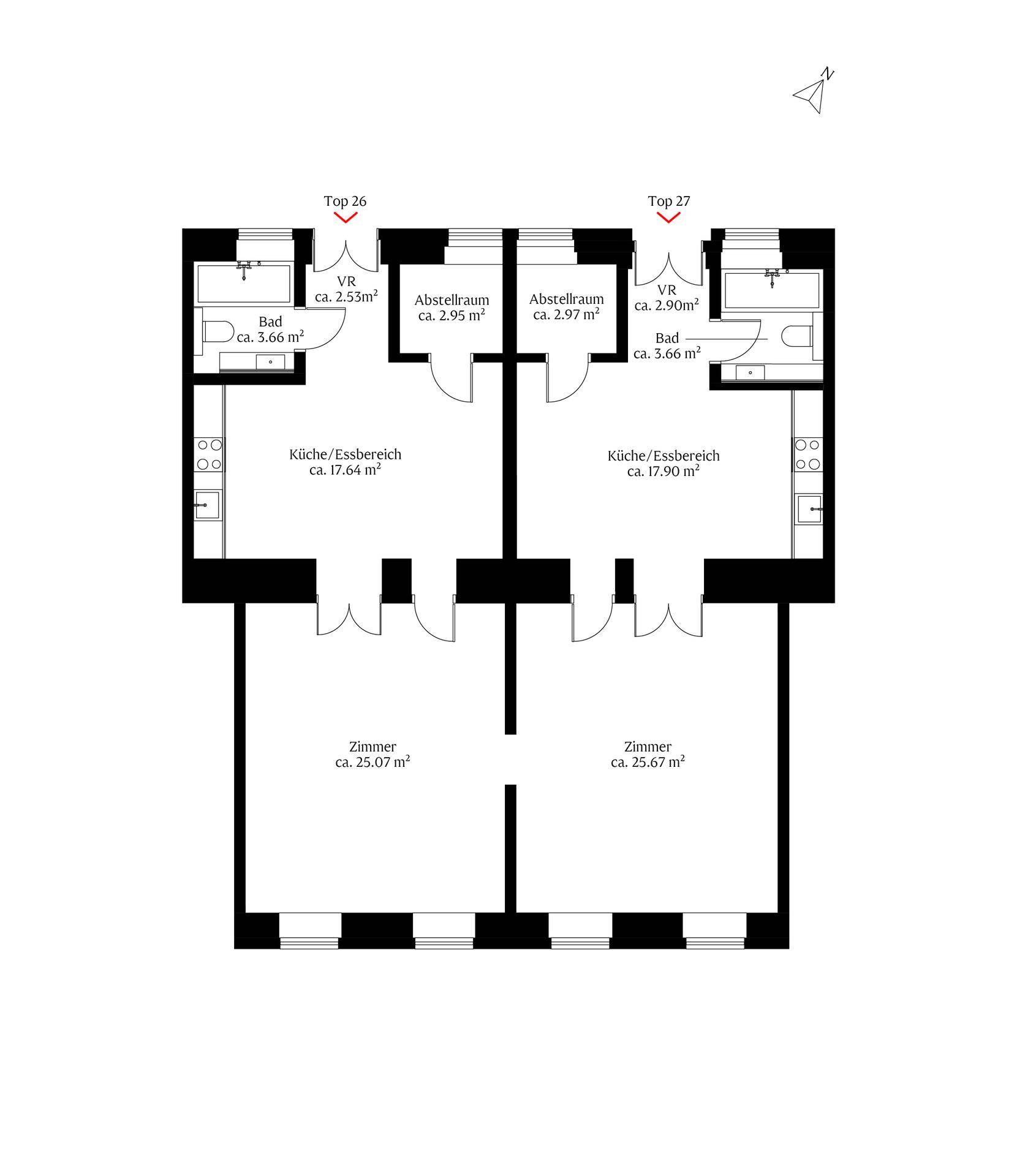 Grundriss für zwei Wohneinheiten mit Küche/Essbereich, Bad und Zimmern.