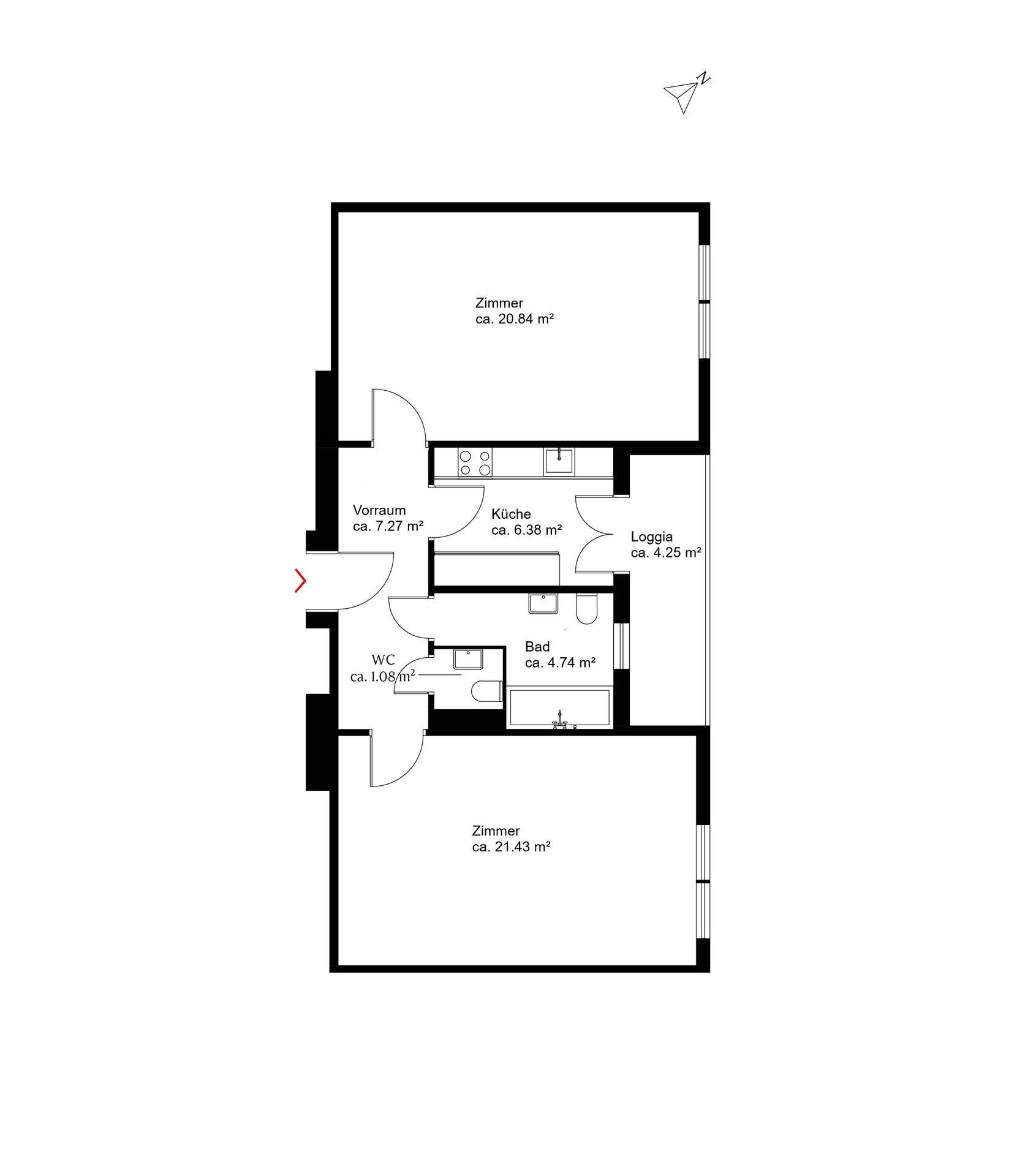 Grundriss der Wohnung mit Zimmern, Küche, Bad, WC und Loggia.