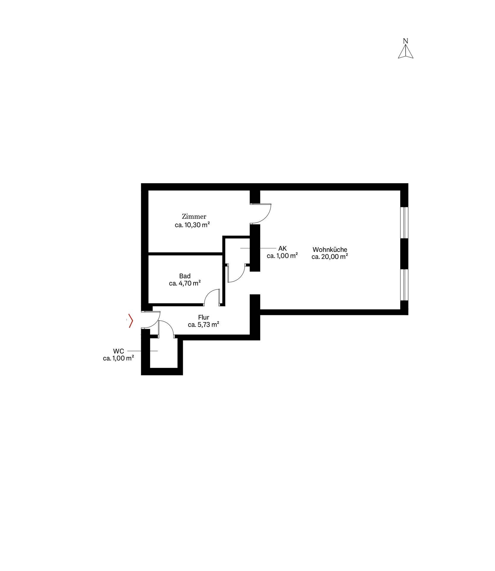Grundriss der Wohnung mit Zimmer, Bad, WC, Flur und Wohnküche, inklusive Flächenangaben.