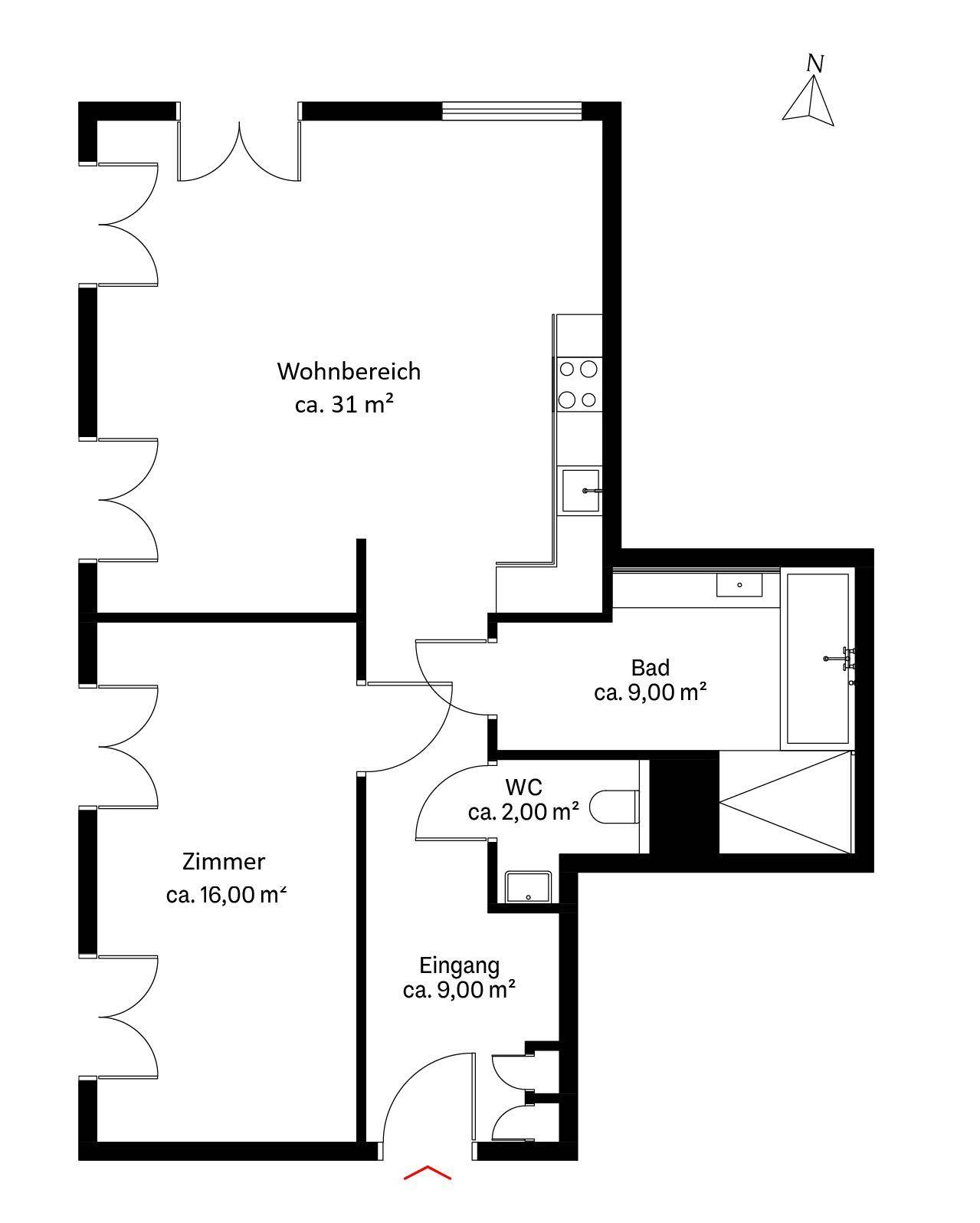 Grundriss der Wohnung mit Wohnbereich, Zimmer, Bad und WC.