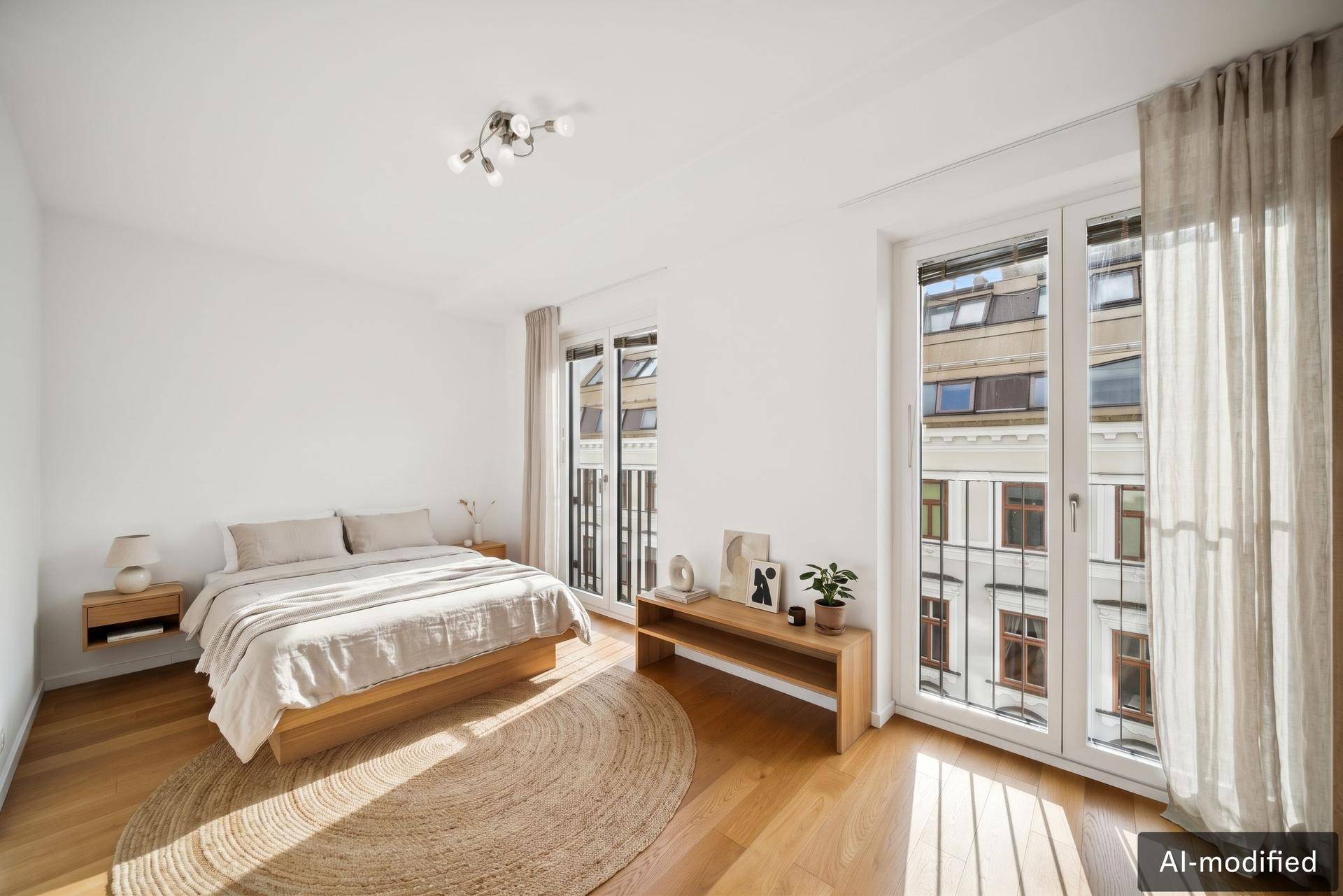 Gemütliches Schlafzimmer mit Holzboden, großen Fenstern und Blick auf die Stadt.