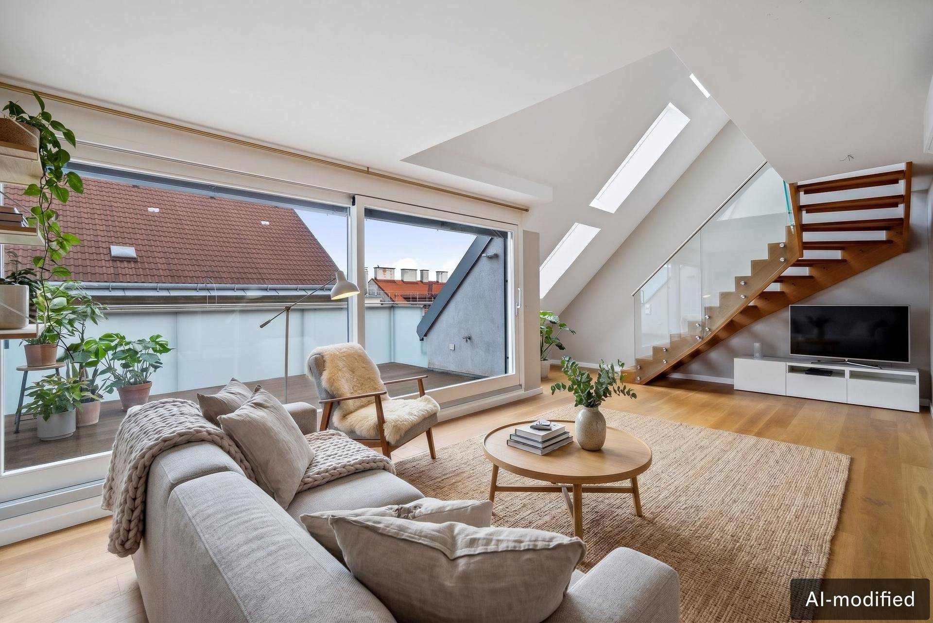 Helles Wohnzimmer mit Zugang zur Terrasse, Holzboden und Blick auf die Dächer.