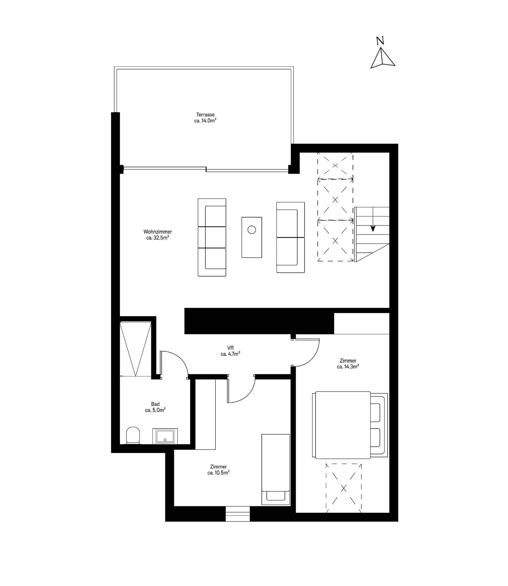 Grundriss des Dachgeschosses mit Wohnzimmer, zwei Zimmern und Terrasse.