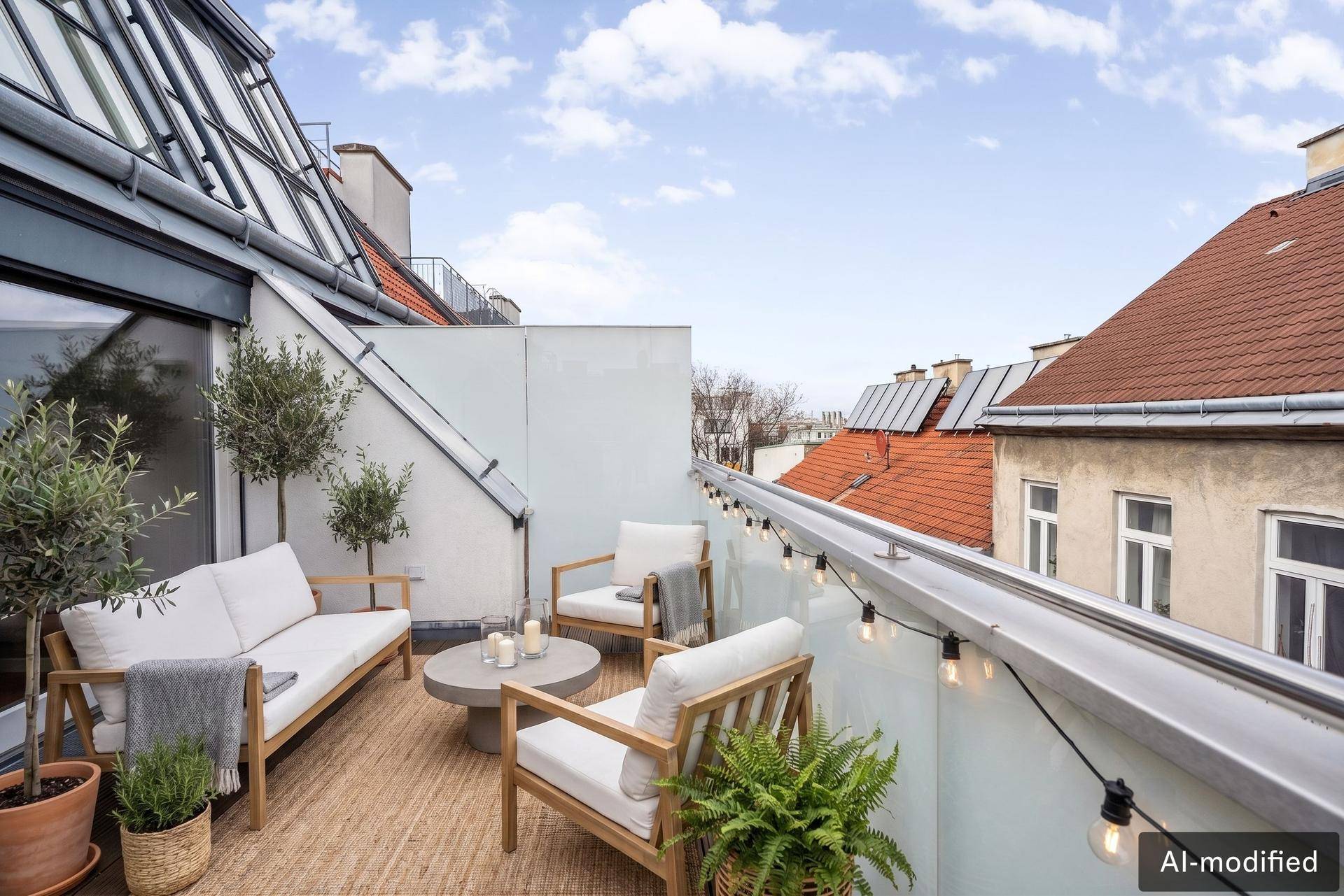 Attraktive Dachterrasse mit bequemen Sitzgelegenheiten und Blick über die Stadt.