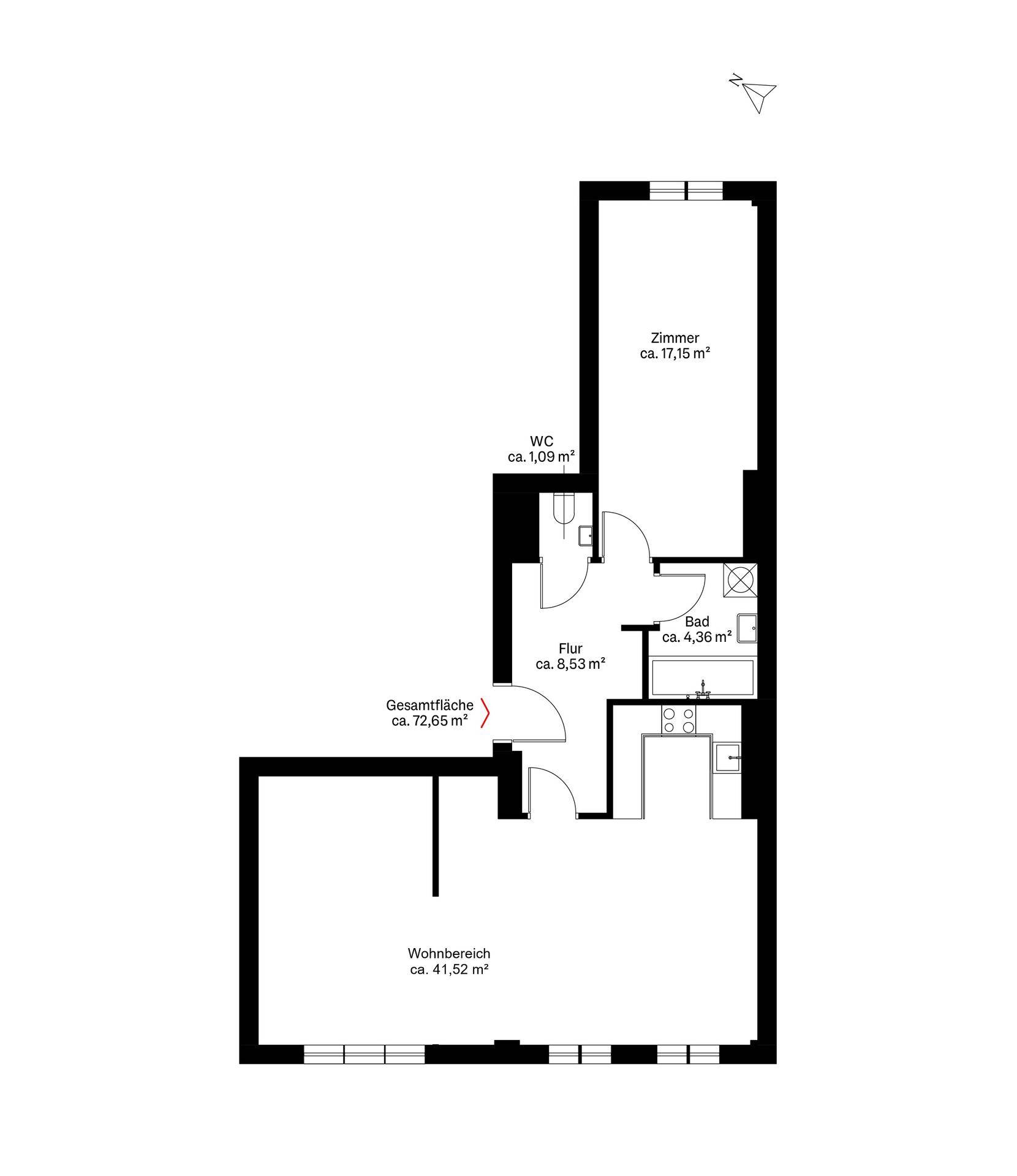 Grundriss der Wohnung mit Wohnbereich, Zimmer, Bad und WC, Gesamtfläche ca. 72,65 m².