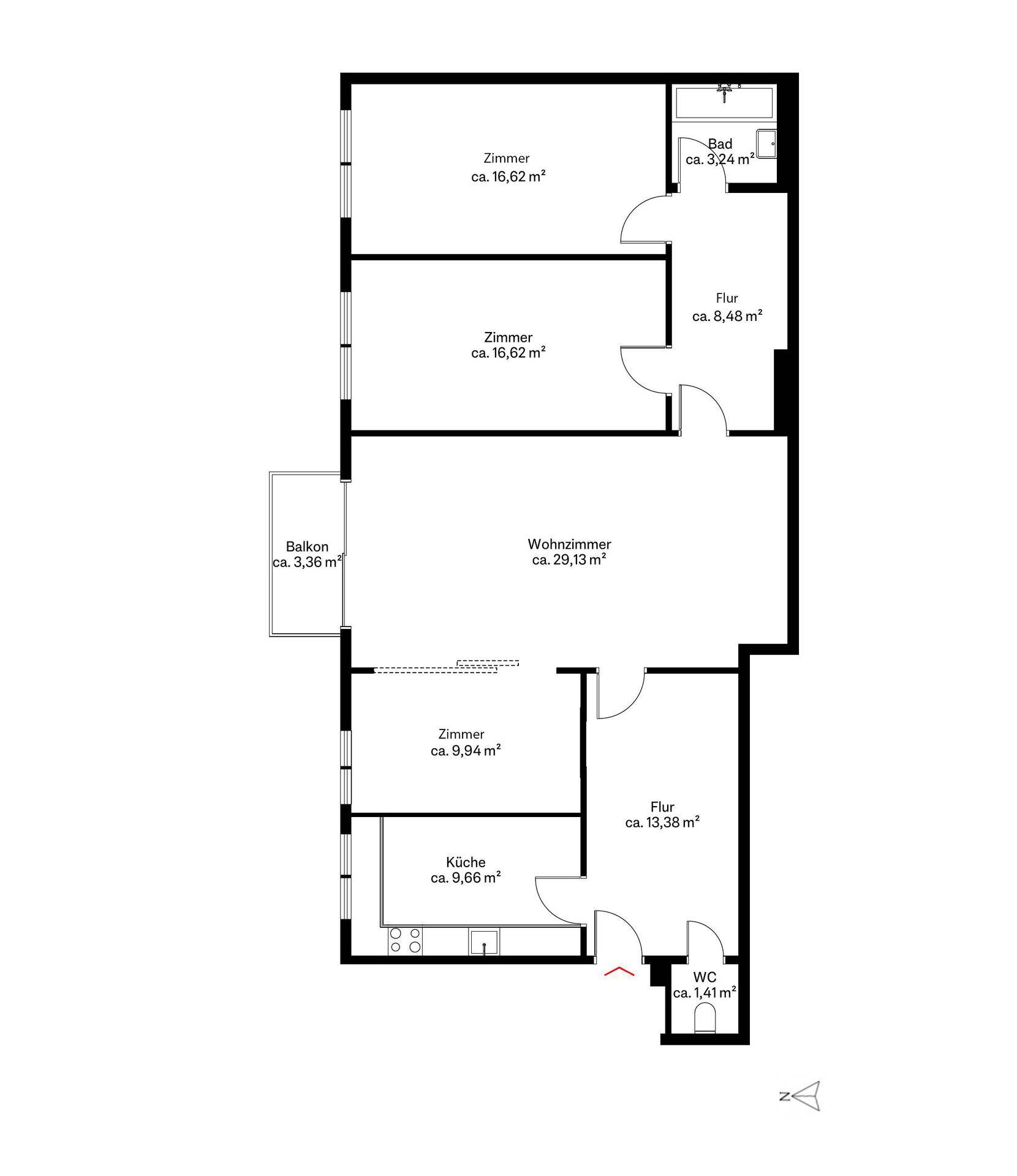 Grundriss der Wohnung mit Zimmern, Wohnzimmer, Küche, Bad, WC und Balkon.