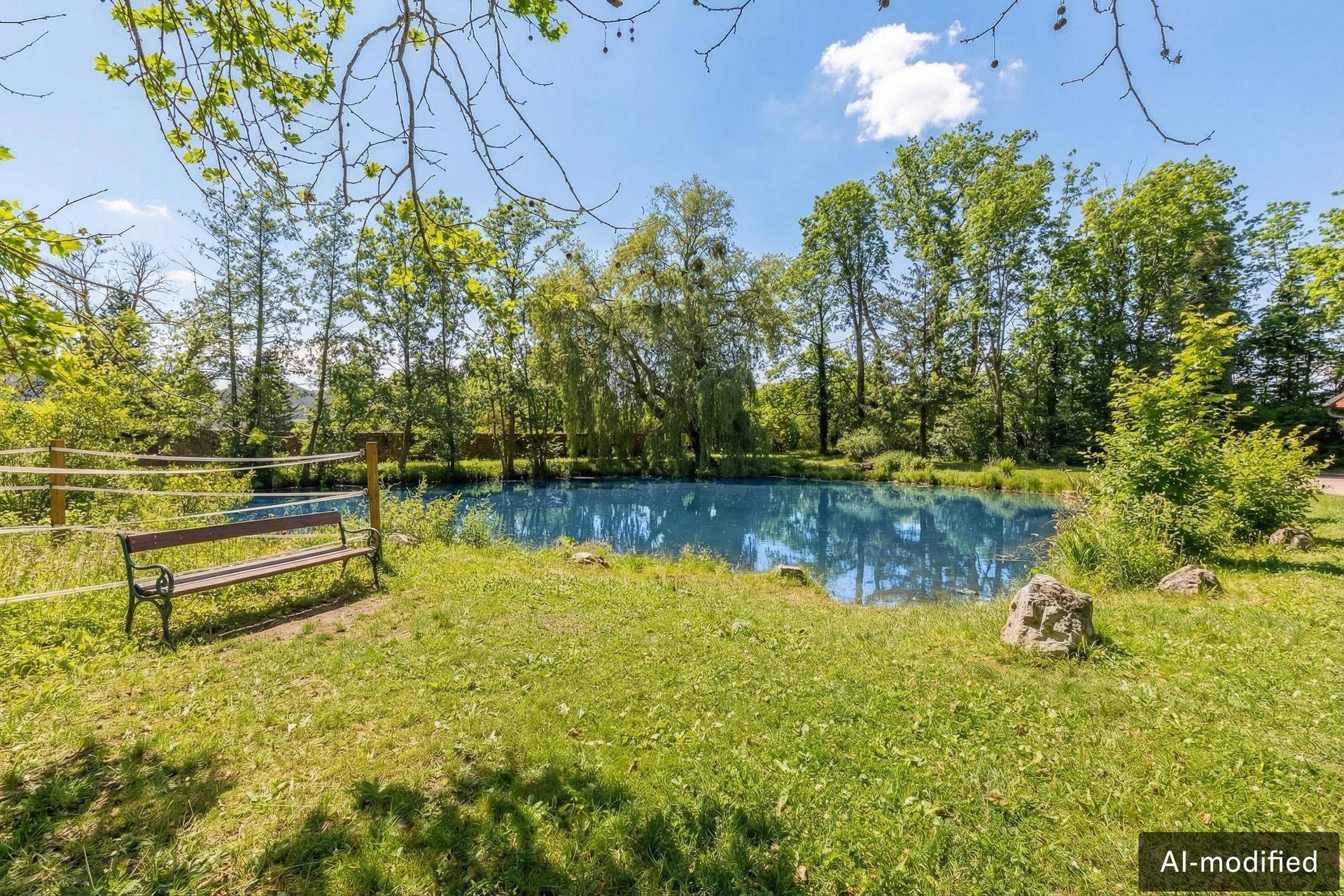 Idyllischer Naturteich umgeben von üppigem Grün und hohen Bäumen unter blauem Himmel.