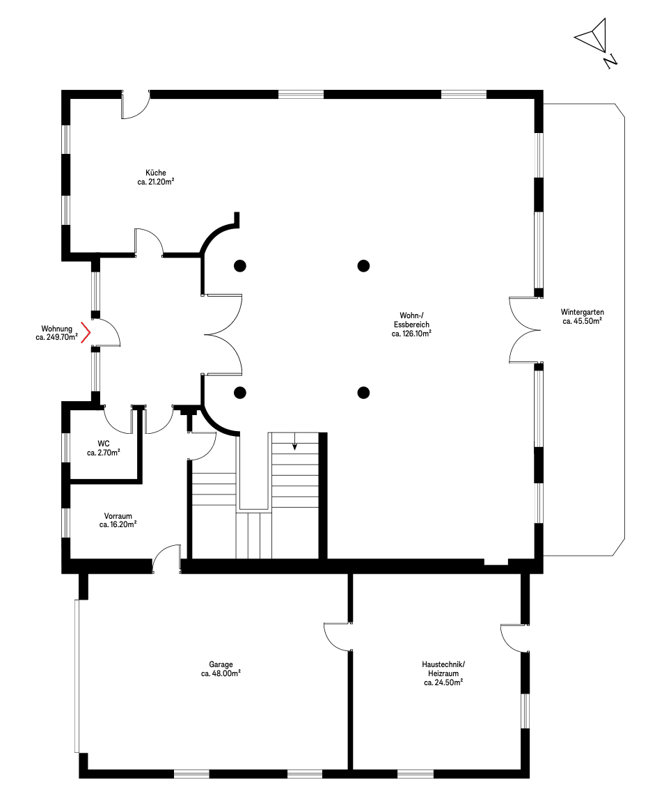 Grundriss des Erdgeschosses mit Küche, offenem Wohn-Essbereich, Wintergarten und Garage.