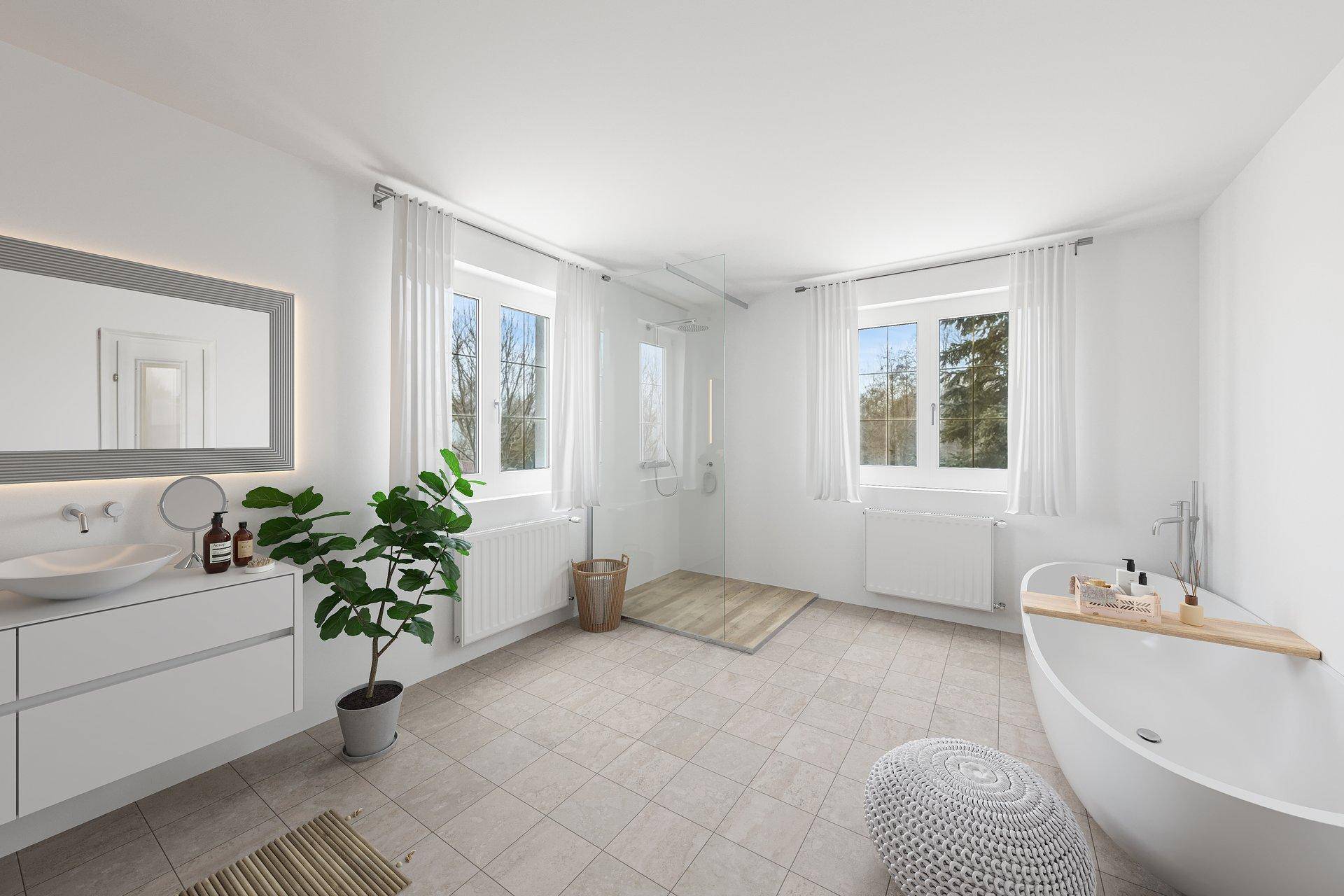 Modernes Badezimmer mit freistehender Badewanne, begehbarer Dusche und zwei Fenstern für viel Licht.