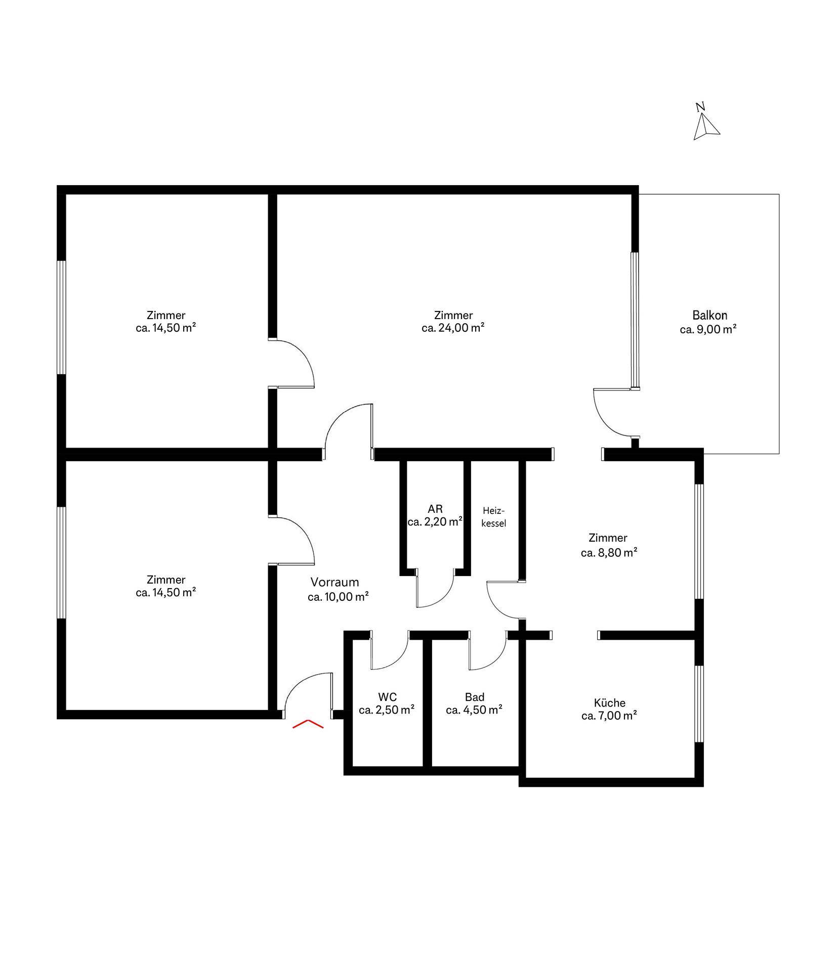 Grundriss der Wohnung mit mehreren Zimmern, Bad, WC und Balkon.