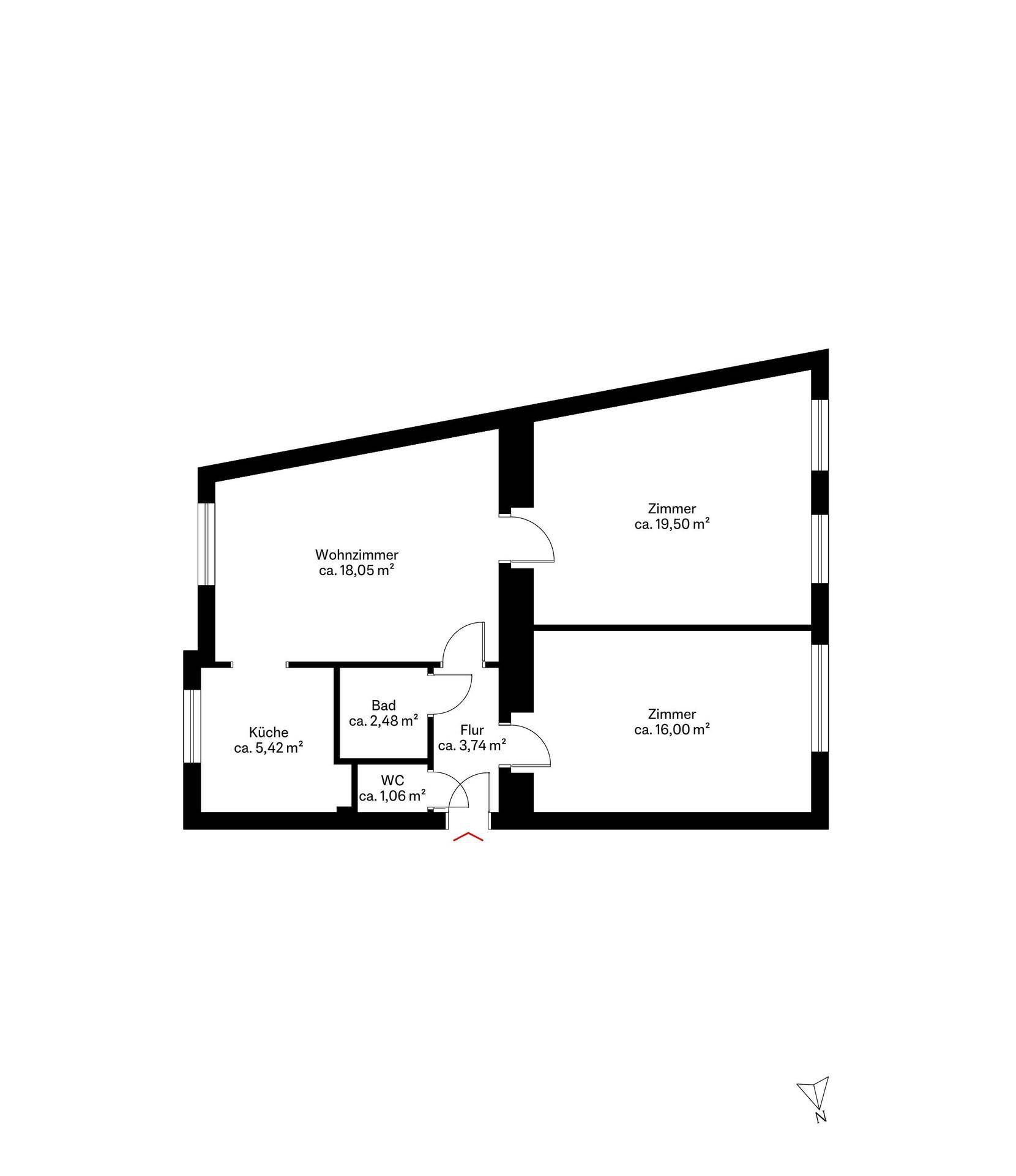 Grundriss der Wohnung mit Wohnzimmer, Küche, Bad, WC und zwei weiteren Zimmern.