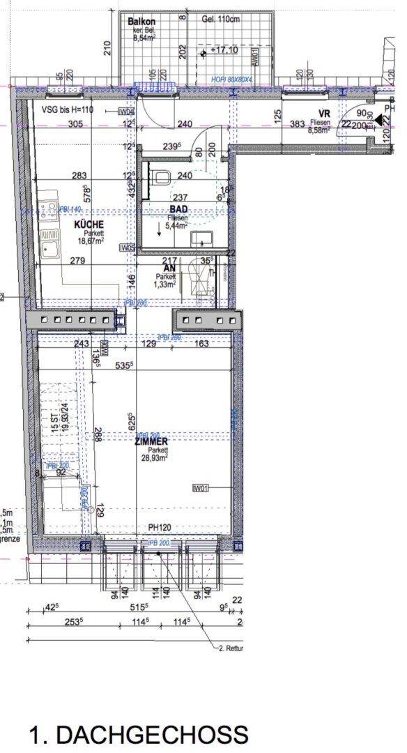 Grundriss des ersten Dachgeschosses mit Balkon, Küche, Bad und Zimmer.
