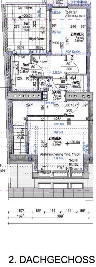 Grundriss des zweiten Dachgeschosses mit Terrasse, Bad, WC und Zimmer.