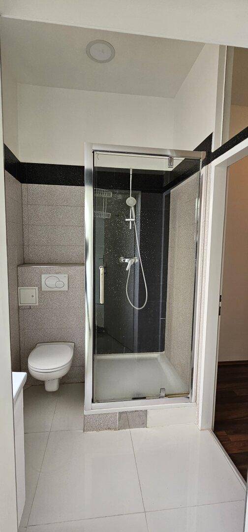 Modernes Badezimmer mit Duschkabine, wandhängendem WC und hellen Fliesen.