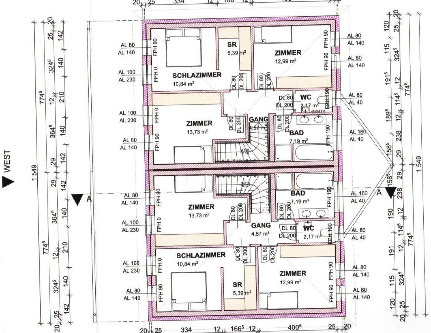 Grundriss des Obergeschosses mit Schlafzimmern, weiteren Zimmern, Bad und WC für zwei Wohneinheiten.