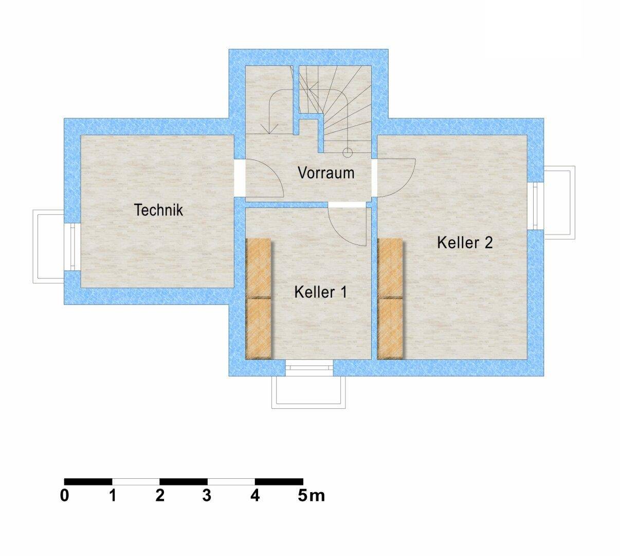 Grundriss des Kellergeschosses mit Technikraum, Vorraum und zwei Kellerräumen.