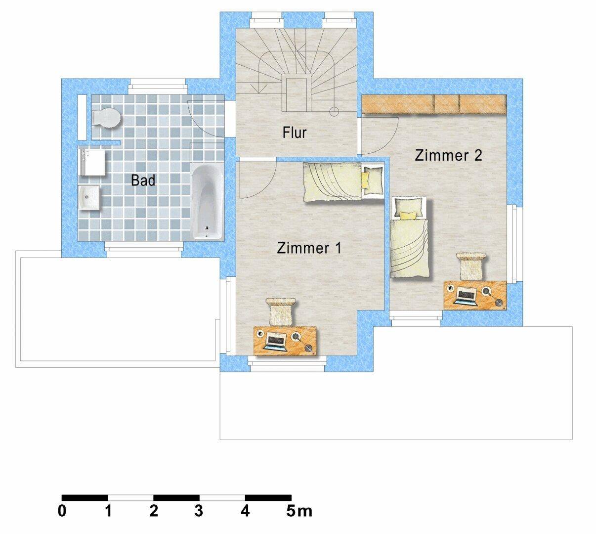 Grundriss des Obergeschosses mit zwei Schlafzimmern, Bad und Flur.