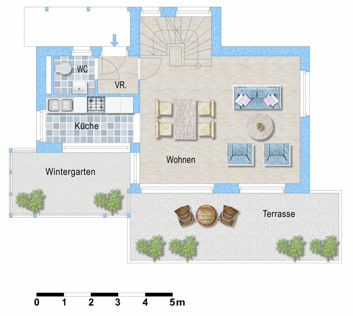 Grundriss des Erdgeschosses mit Wohnbereich, Küche, WC, Wintergarten und Terrasse.